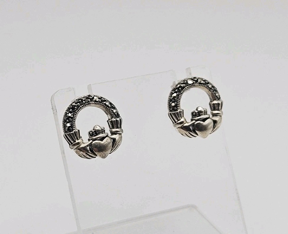 AC Irish Sterling Silver Vintage Marcasite Claddagh Post Back Earrings .5″