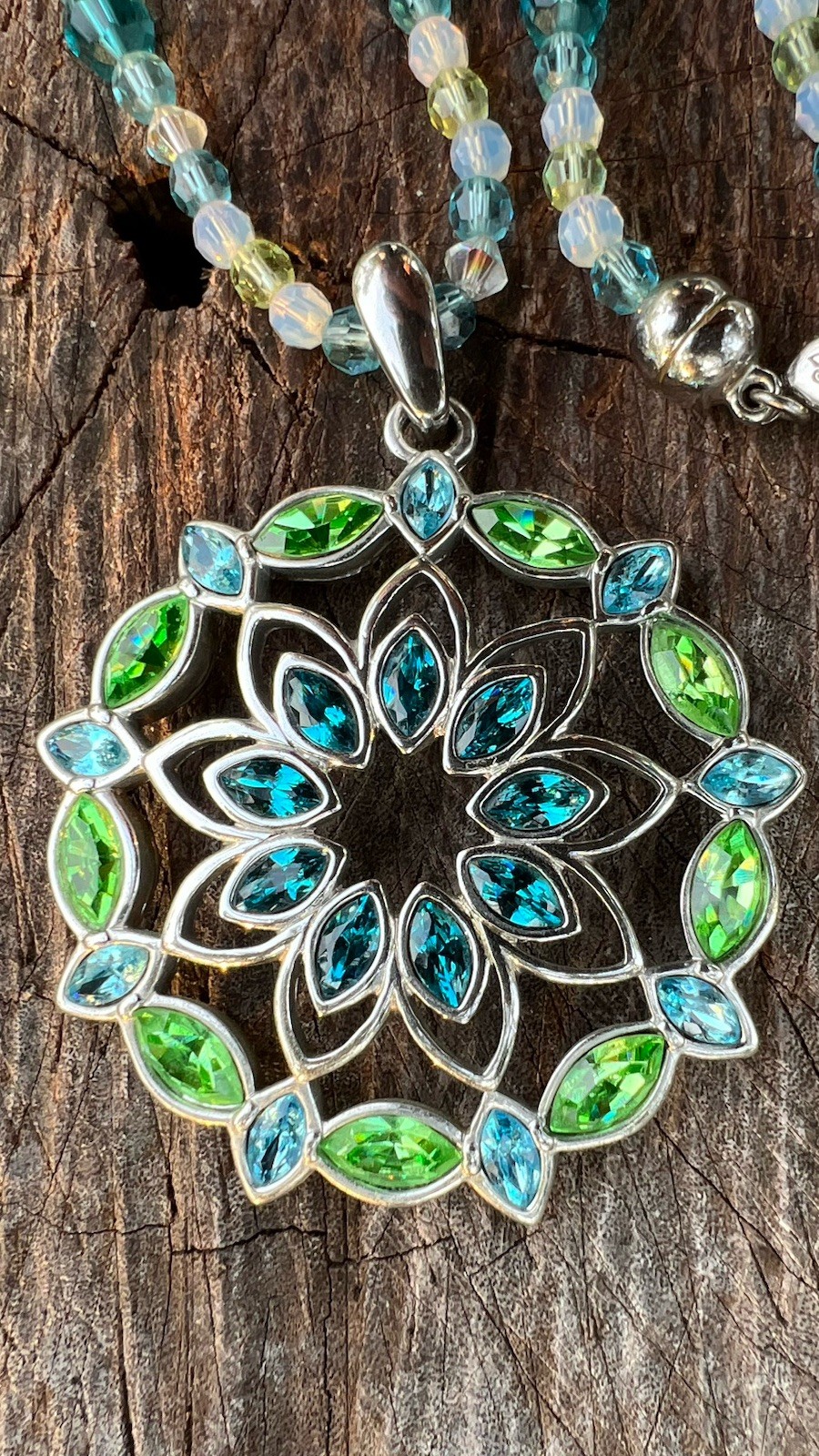 Swarovski Crystal Mandala Medallion Statement Necklace Blue Green Teal Swan VTG