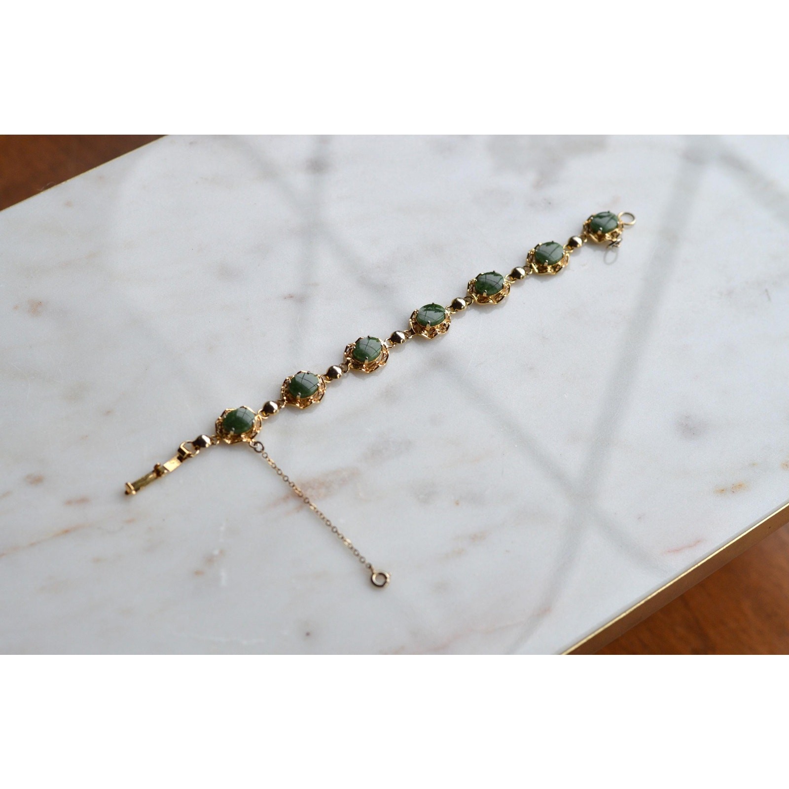 Vintage Alice Caviness Jade Bracelet | 12K Gold Filled Filigree Link | Signed