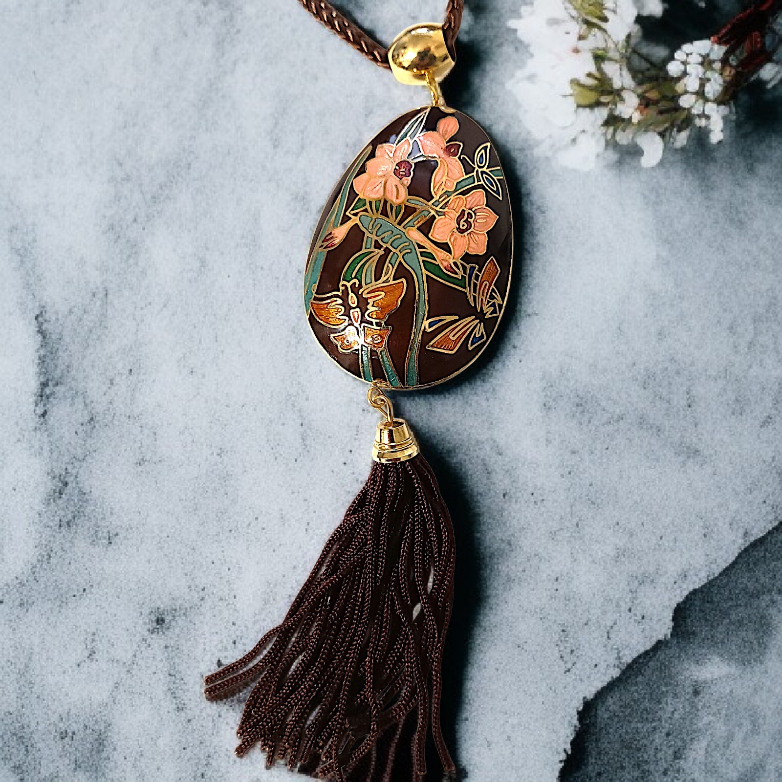 Vtg Butterfly Cloisonne Necklace 70s Pendant Tassel Woven Cord Brown Dual Sided