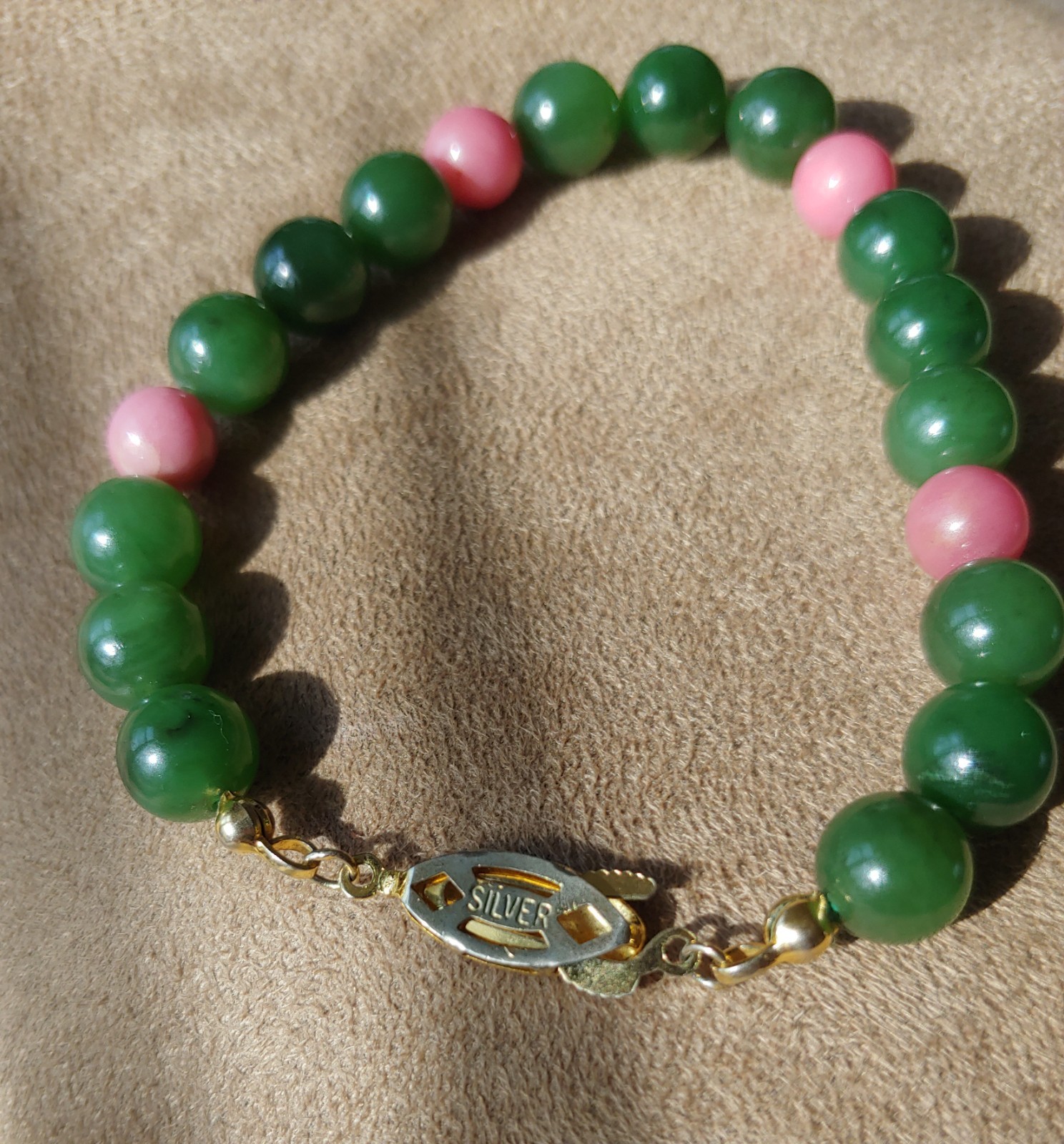 Natural Type A Jadeite & Pink Zoisite Bracelet (Mid-Century Export)
