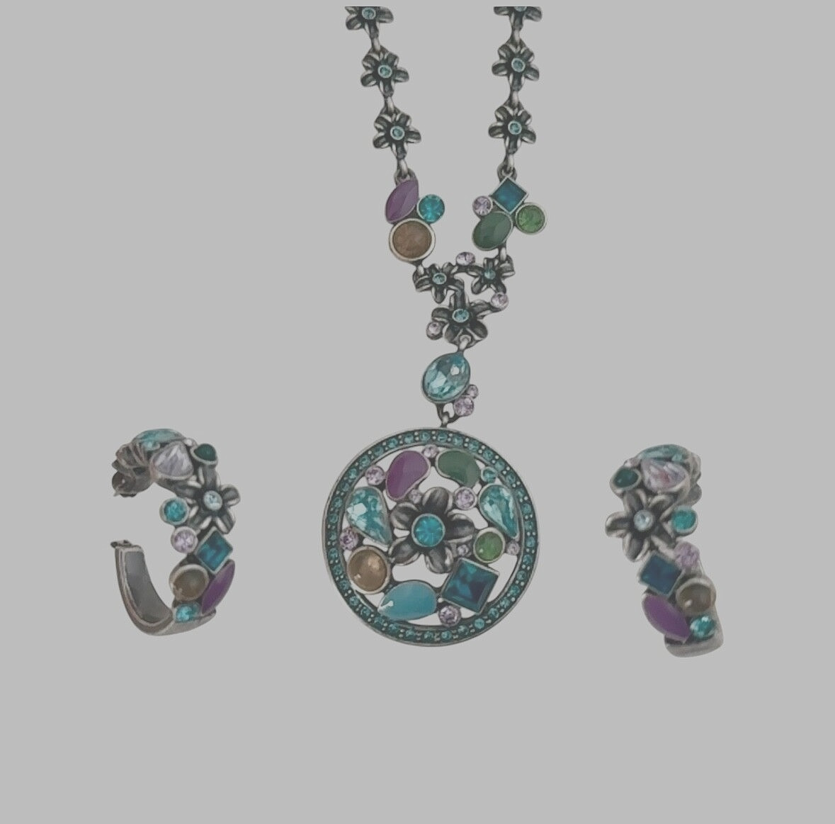 Floral Purple Blue Rhinestone Enamel Pendant Necklace / Earring Set ~Silver Tone