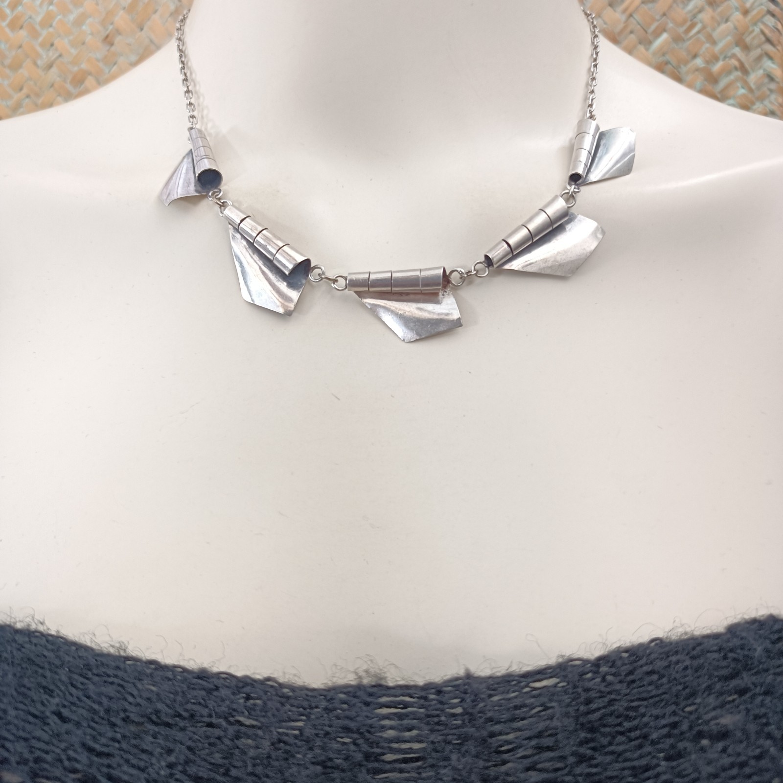 Modernist Silver Necklace Sculptural Artisan Bib Statement Abstract Handmade VTG