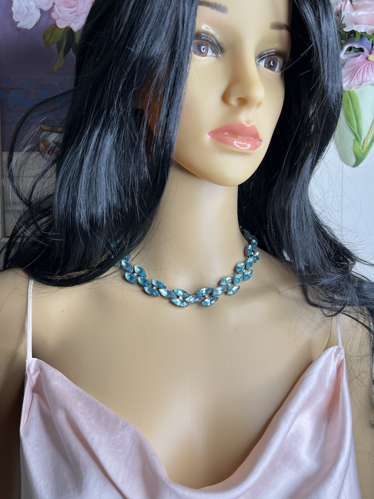 Vintage Aqua Rhinestone Pot Metal Rivière Necklace Not Signed