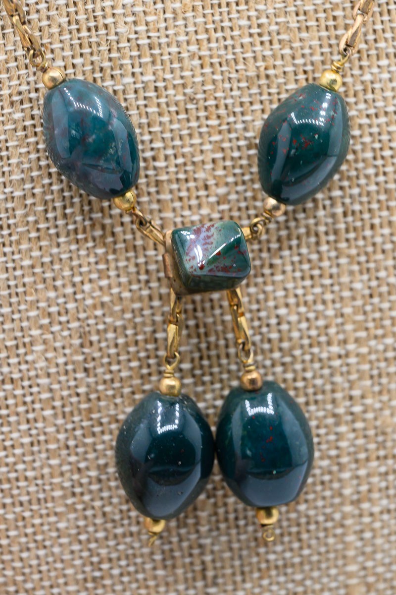 Gold Tone Necklace Green Bloodstone Agate natural stone