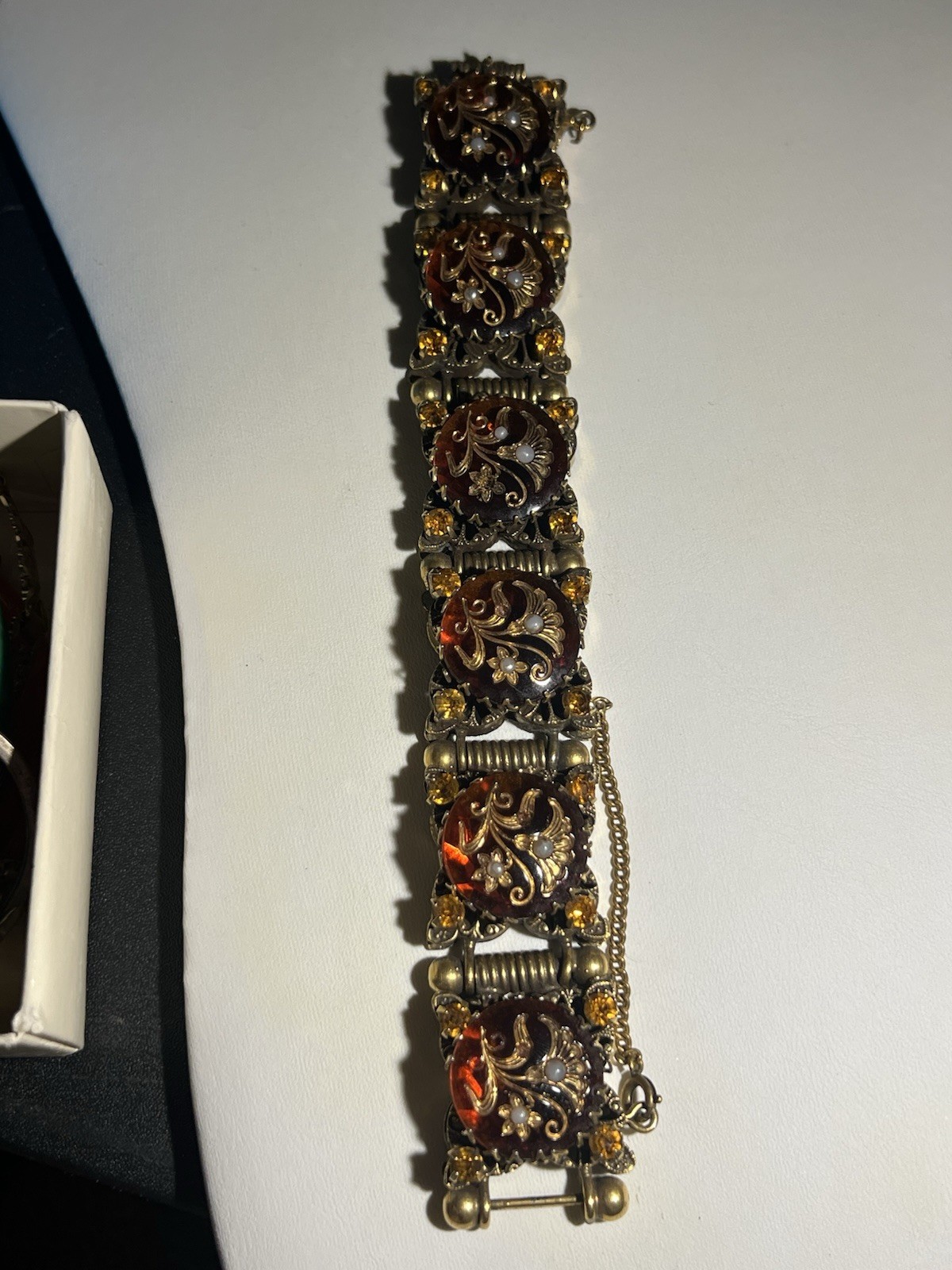 Vintage Chunky Brass Amber & Pearl Lucite Panel Bracelet Size 6.25