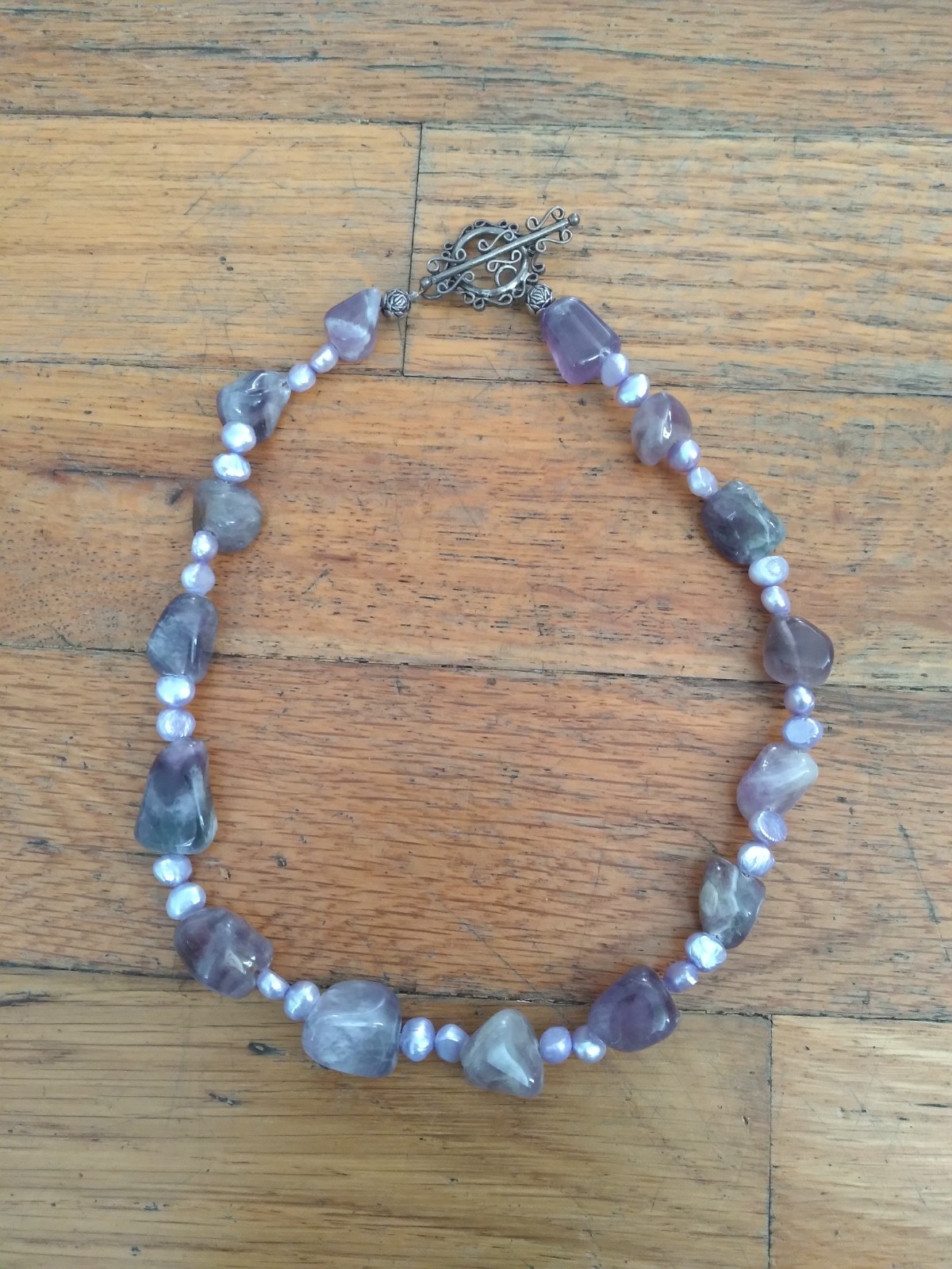 Amethyst & Pearl Necklace 14 Inches Silver Clasp Vintage Natural Stone