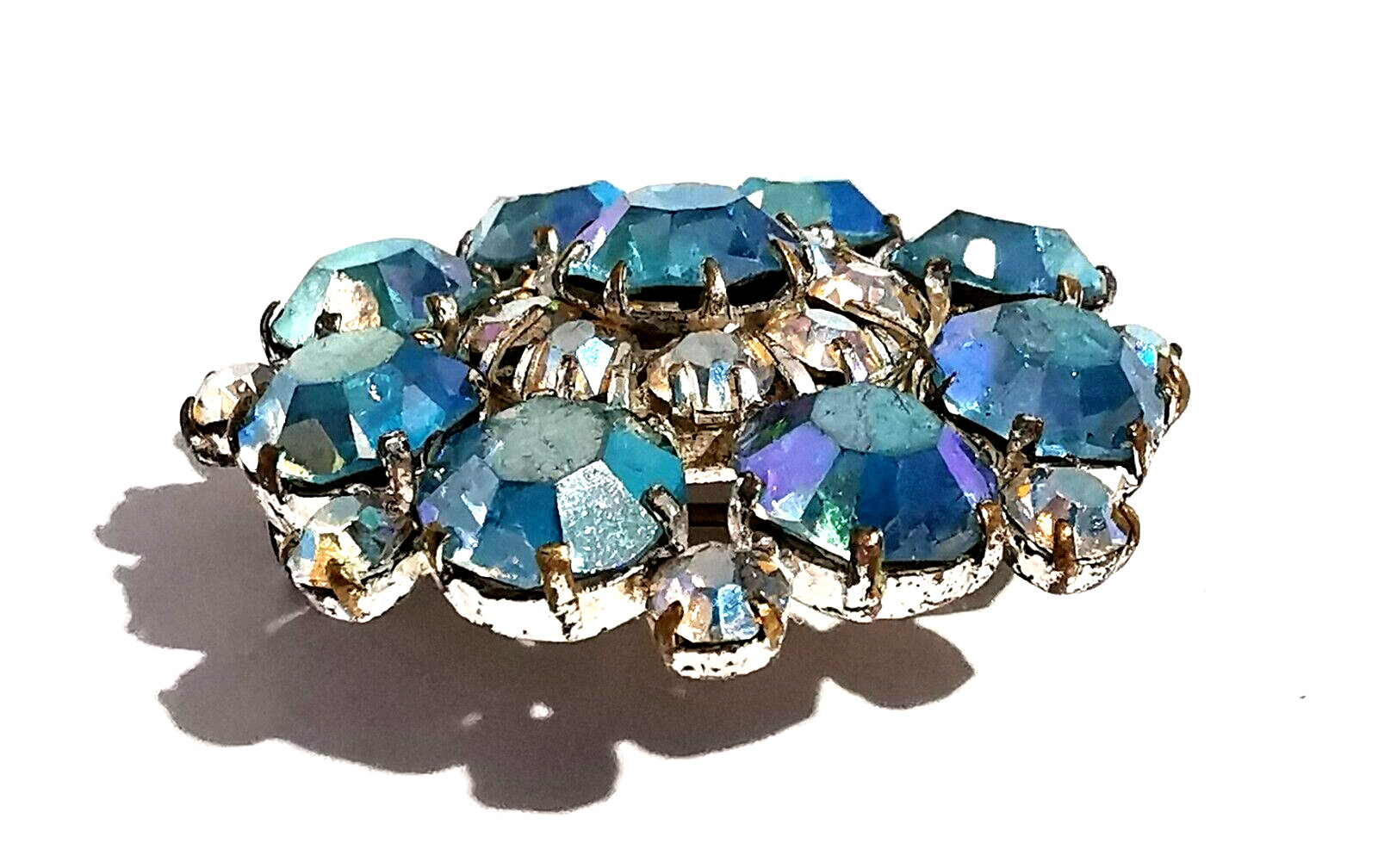 Vintage Czech Brooch Blue and Clear Colorless Dragon Breath Rhinestones Glass