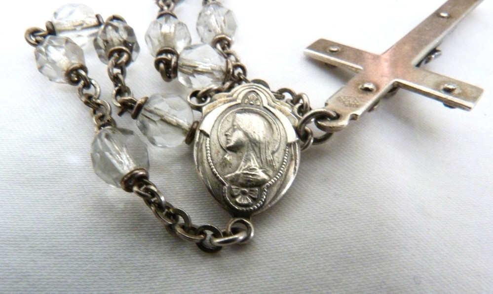 VINTAGE HMH STERLING SILVER SACRED HEART OF JESUS MARY CRYSTAL BEADS ROSARY
