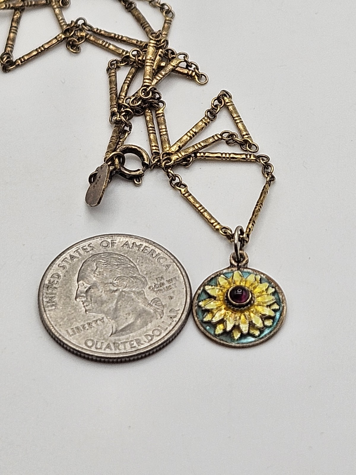 Vintage Sterling Silver Gold Finish Enamel Sunflower Garnet Pendant Necklace 20″