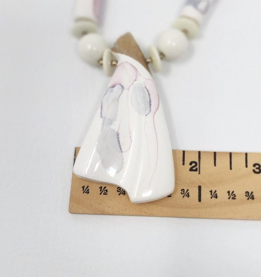 Vtg 80s Japan Hand Painted Pink Watercolor Ceramic Necklace Chunky Statement 30″