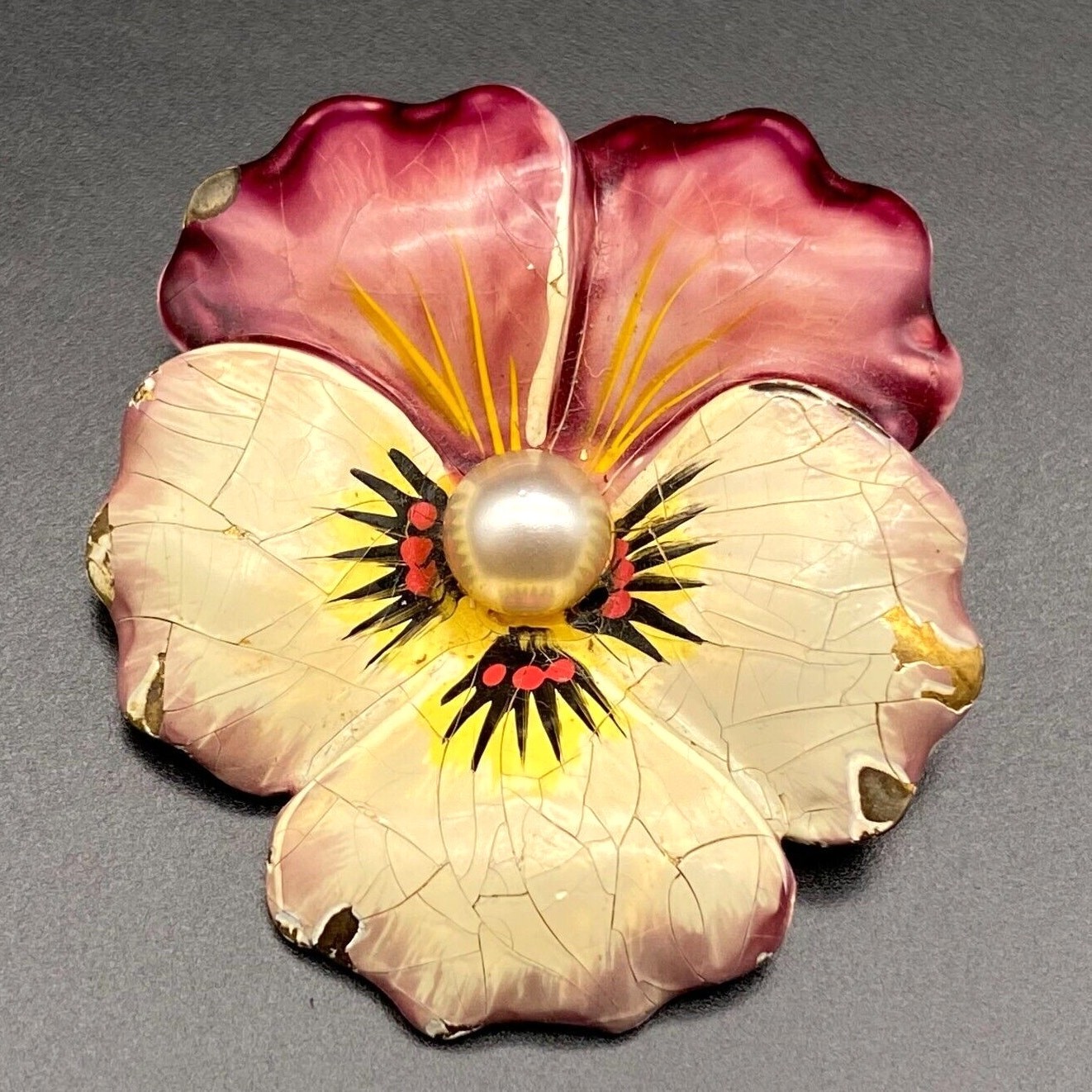 Vintage Enamel Pansy Flower Sterling Silver Pin Brooch