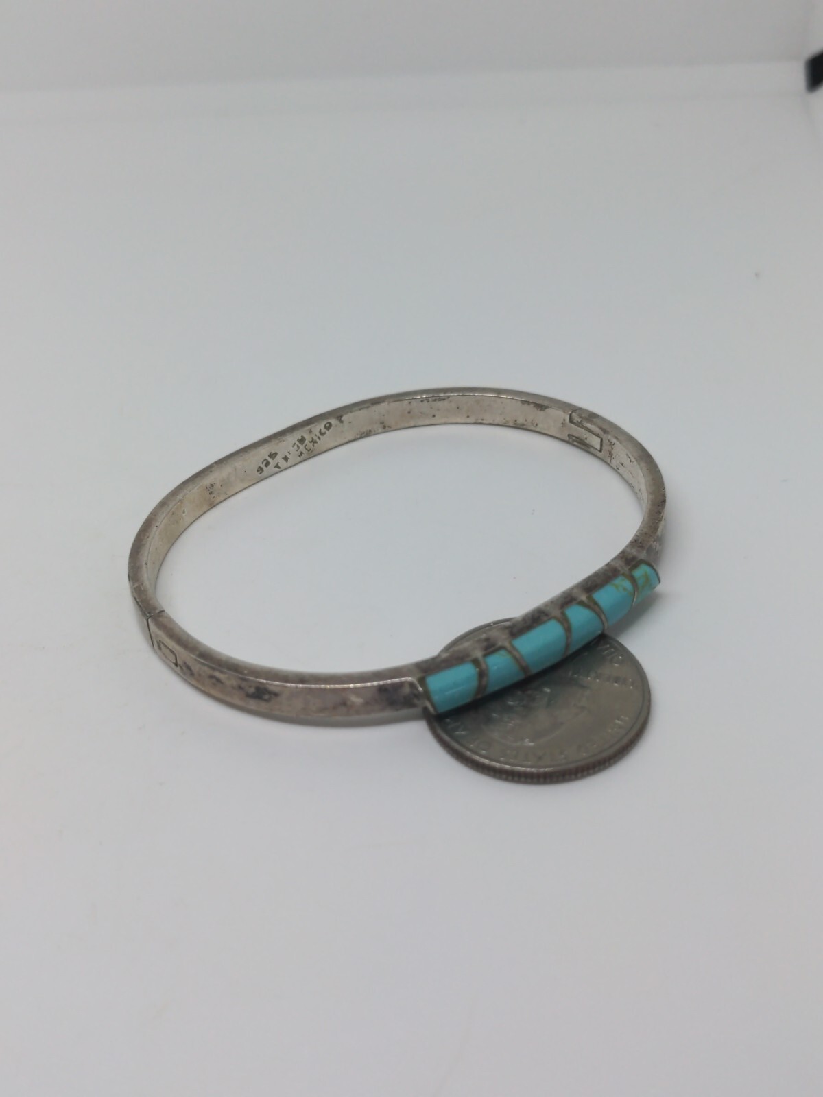 Vintage Sterling Silver 925 Blue Turquoise Mexico Hindged Bangle Bracelet 7″