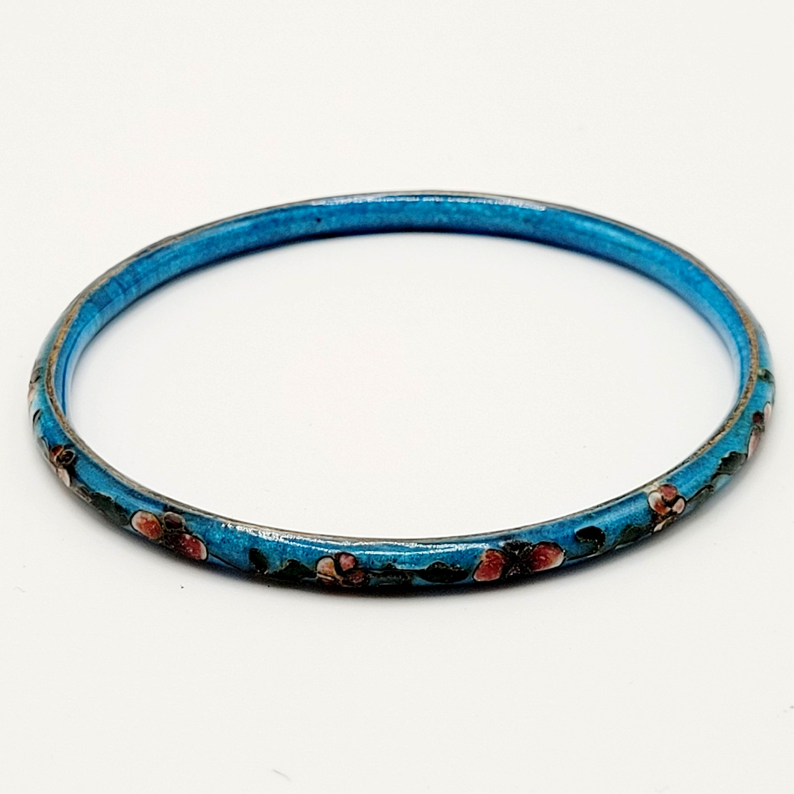 Cloisonné Light Blue Enamel Floral Hand Painted Asian Inspired Bangle Bracelet
