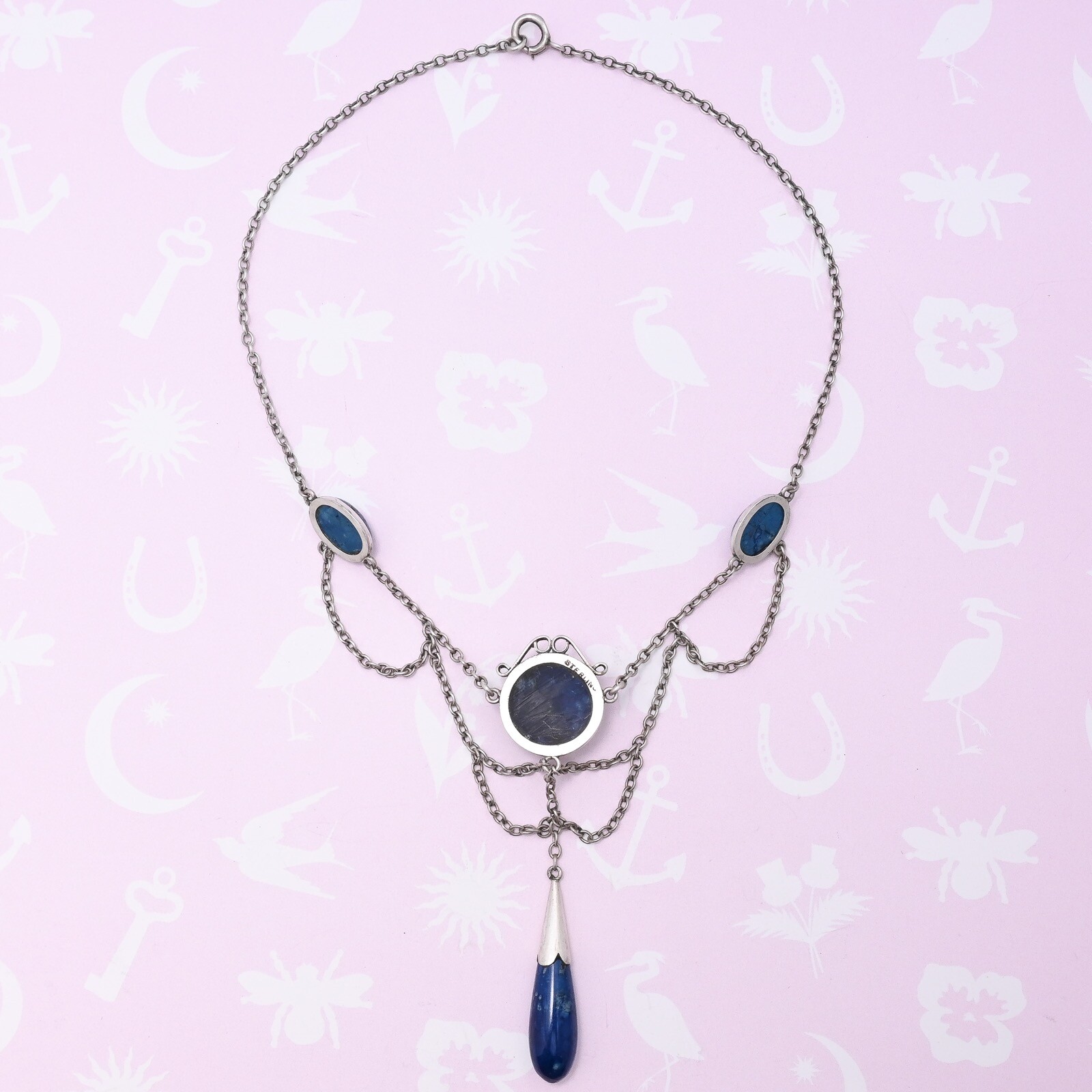 Antique Victorian Natural Sodalite Sterling Silver Large Festoon Necklace