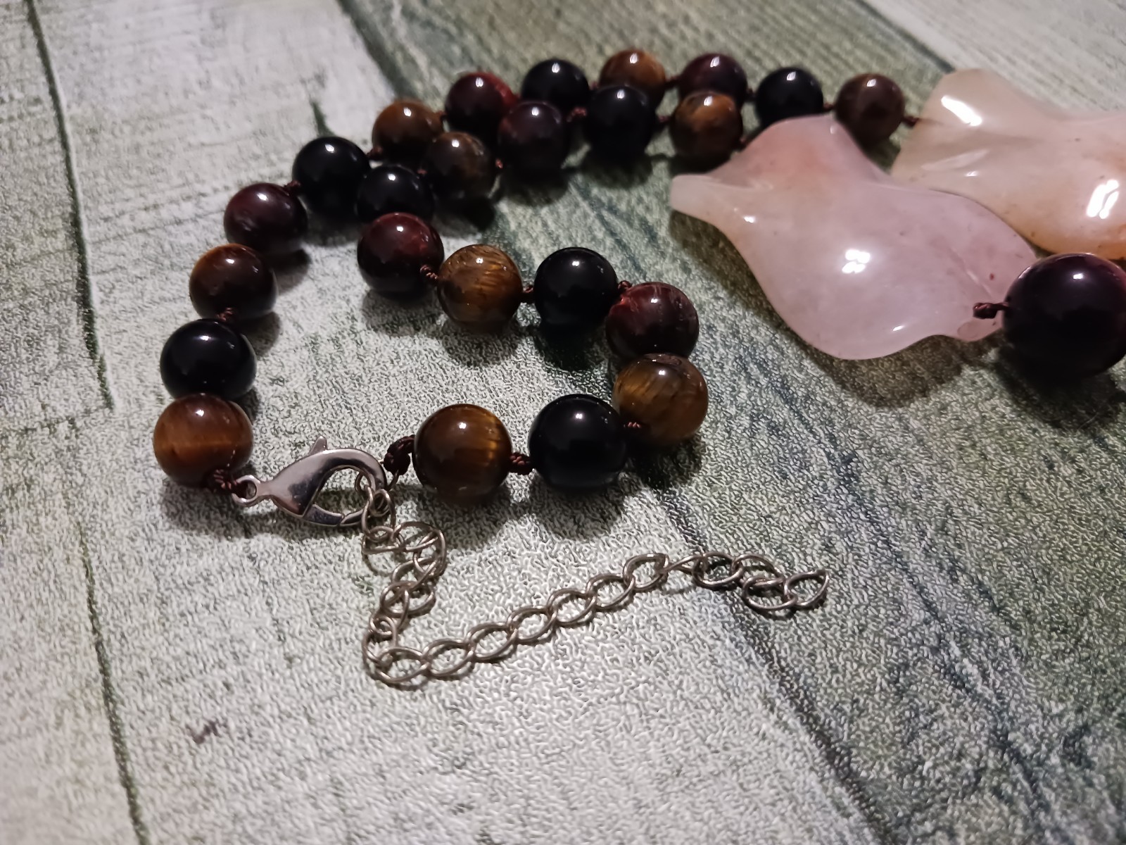 VINTAGE NATURAL YELLOW JADE TIGER’S EYE GEMSTONE NECKLACE 18K WHITE GOLD PLATED
