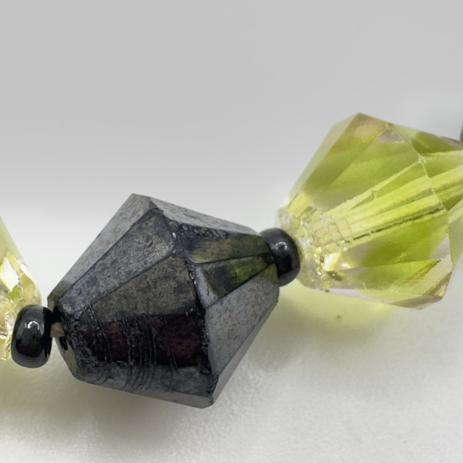 Vintage West Germany Necklace Black & Chartreuse Bicone Glass Bead Choker 15”
