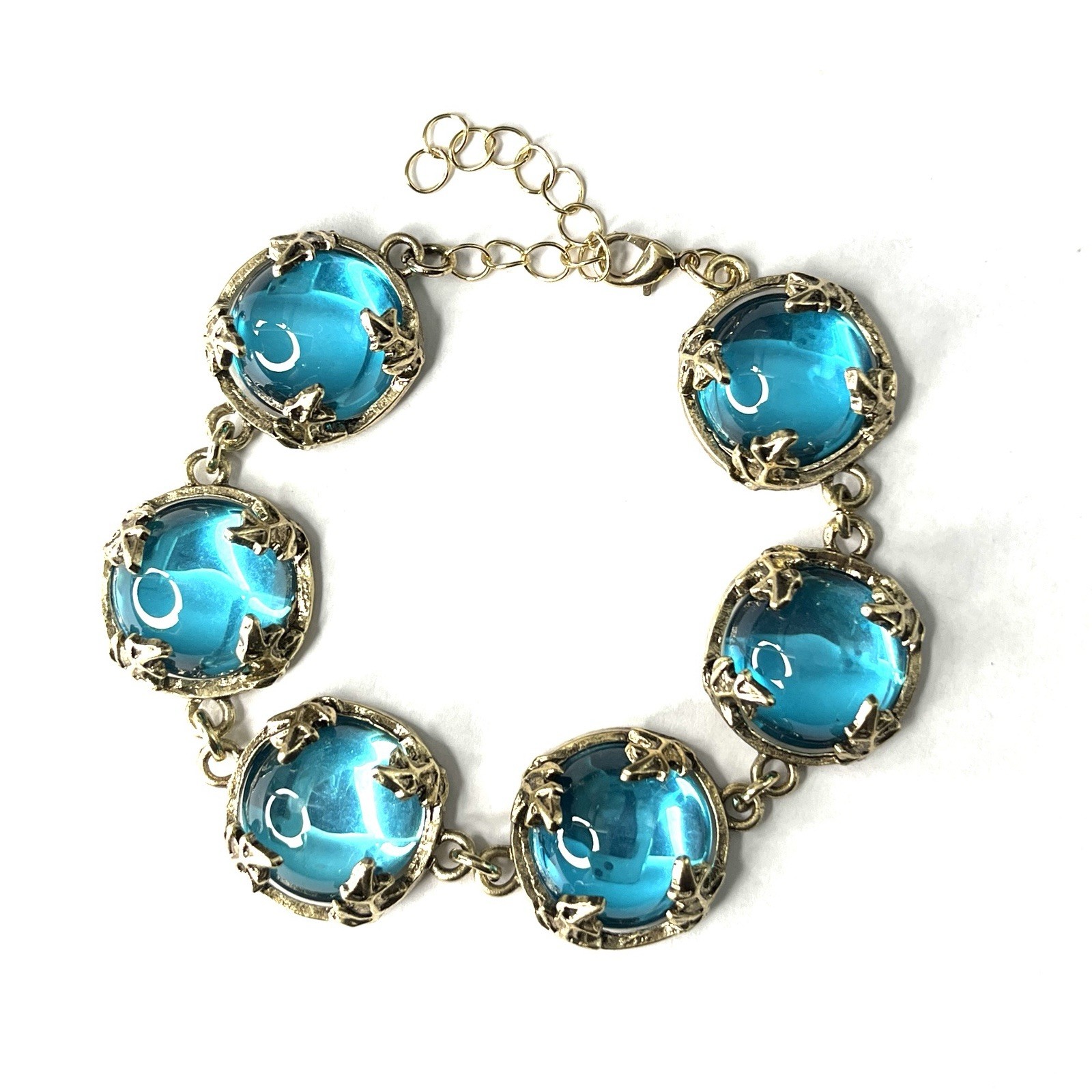 Turquoise Gripoix Glass Cabochon Bracelet Gold Tone Bezel Wide Chunky Statement