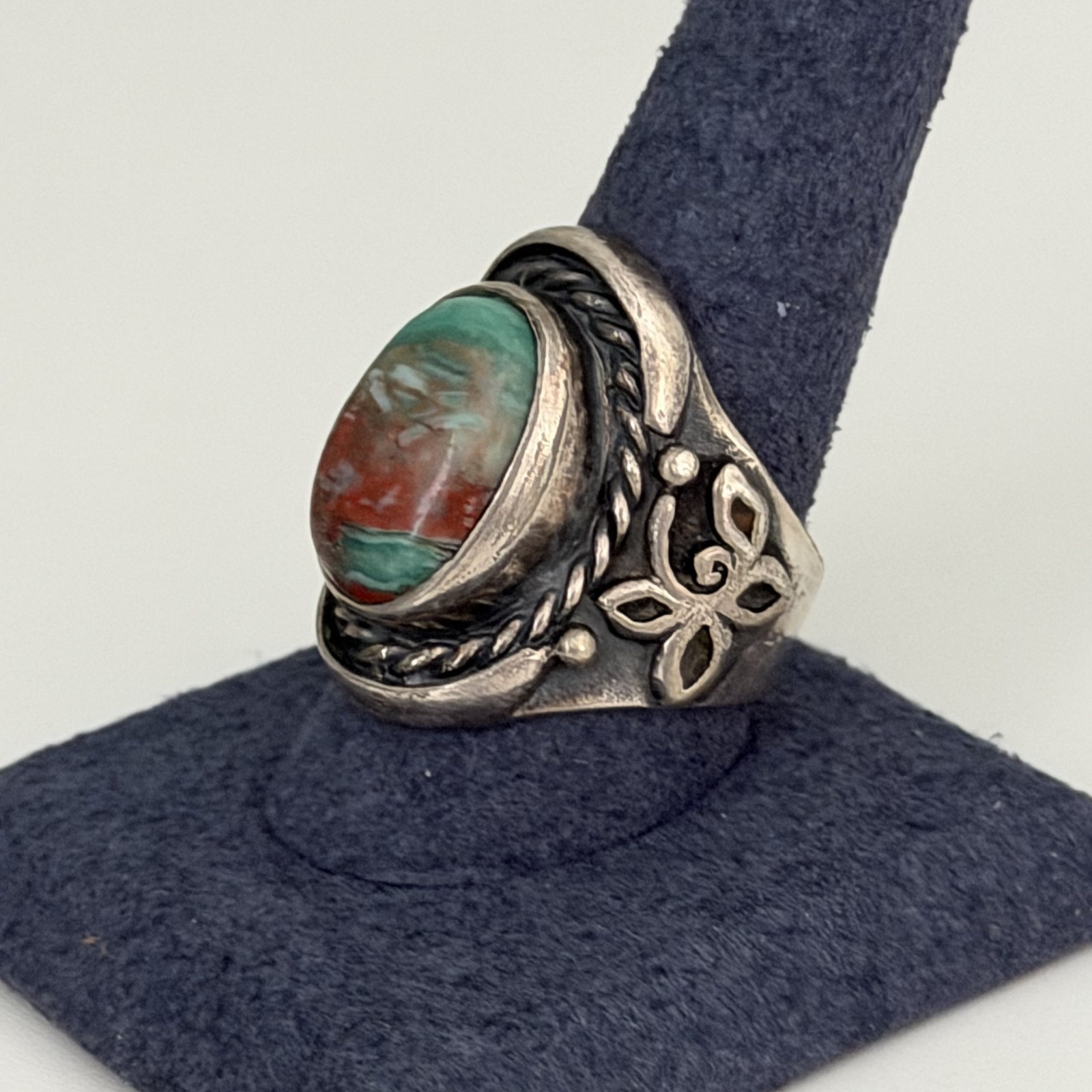 Vintage 925 Sterling Silver Big Bloodstone Southwest Chunky Heavy Ring Sz 10.25