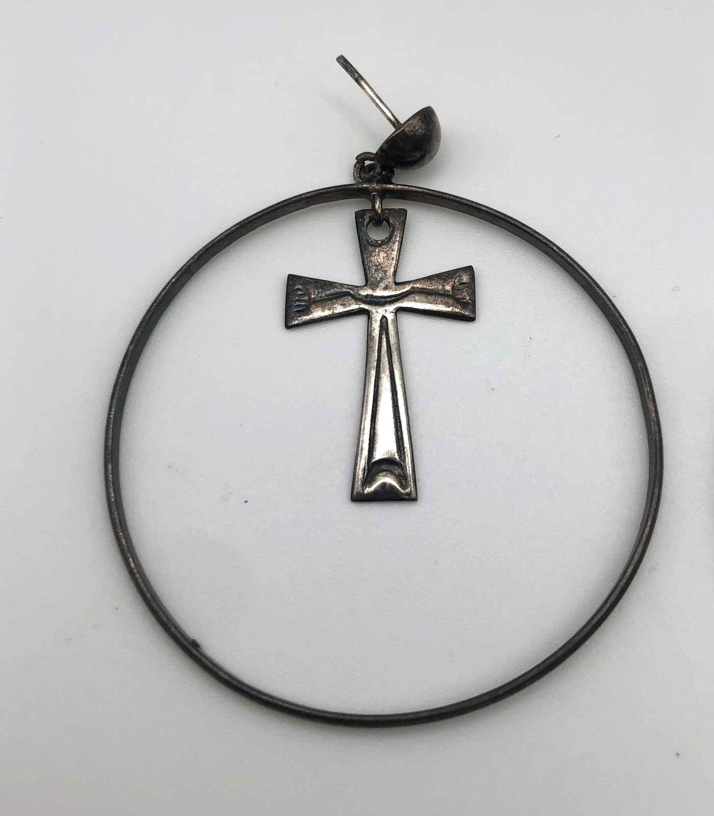 1980s Goth Sterling Silver Cross Circle Large Earrings 925 Dangle 11.4 Grams