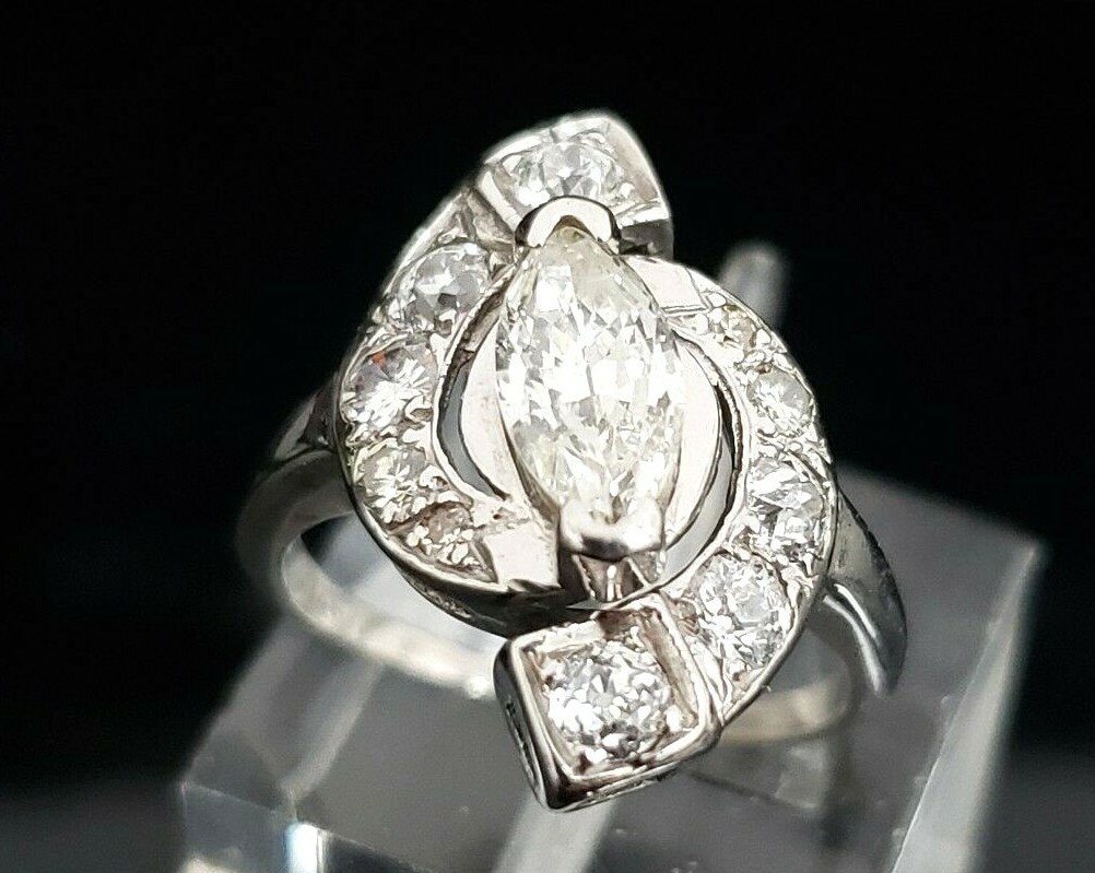 Antique 14 Karat White Gold 1.00 CTW Marquise Diamond Engagement Ring. #VR67