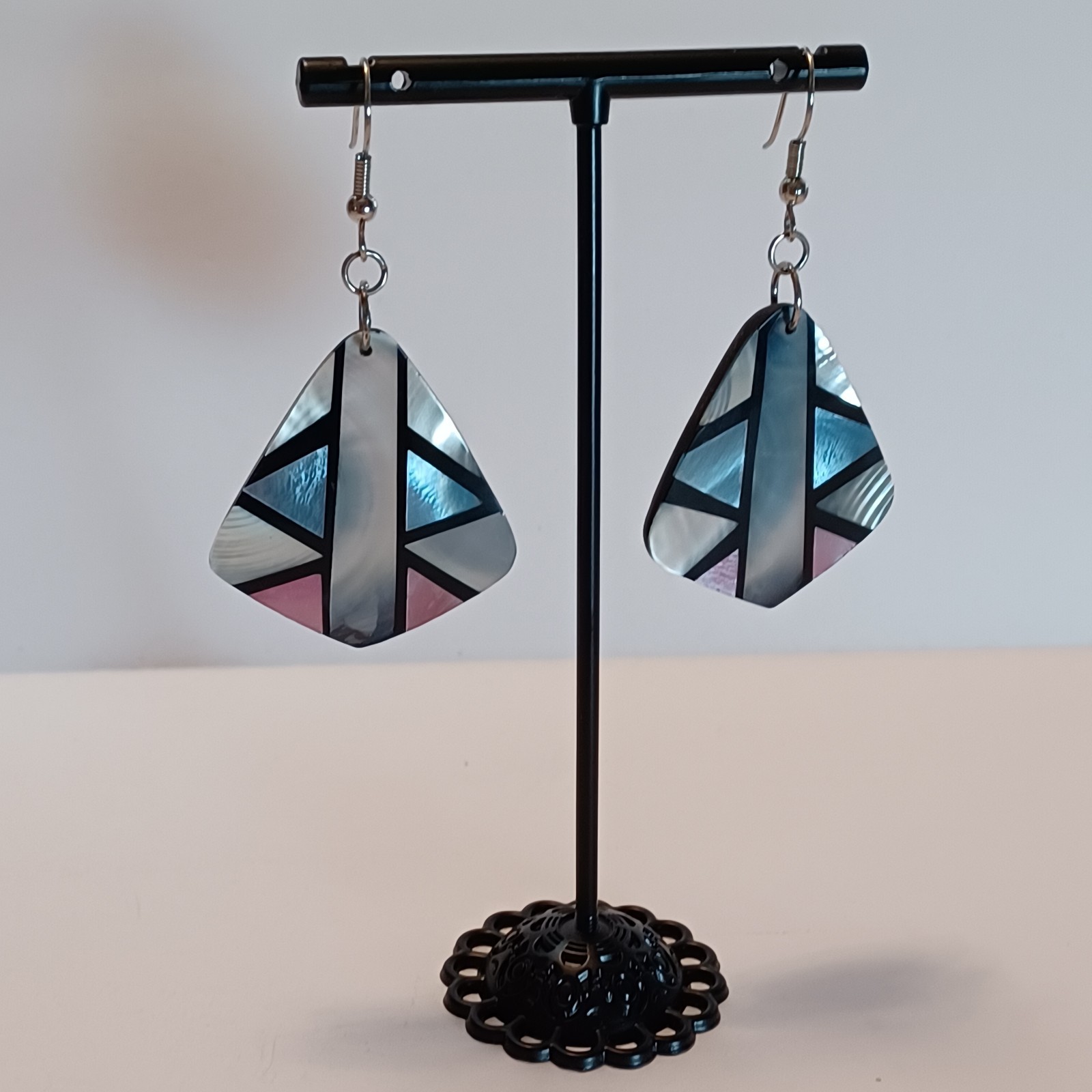 Vintage Shell Inlay Earrings Pink White Blue Black Gray
