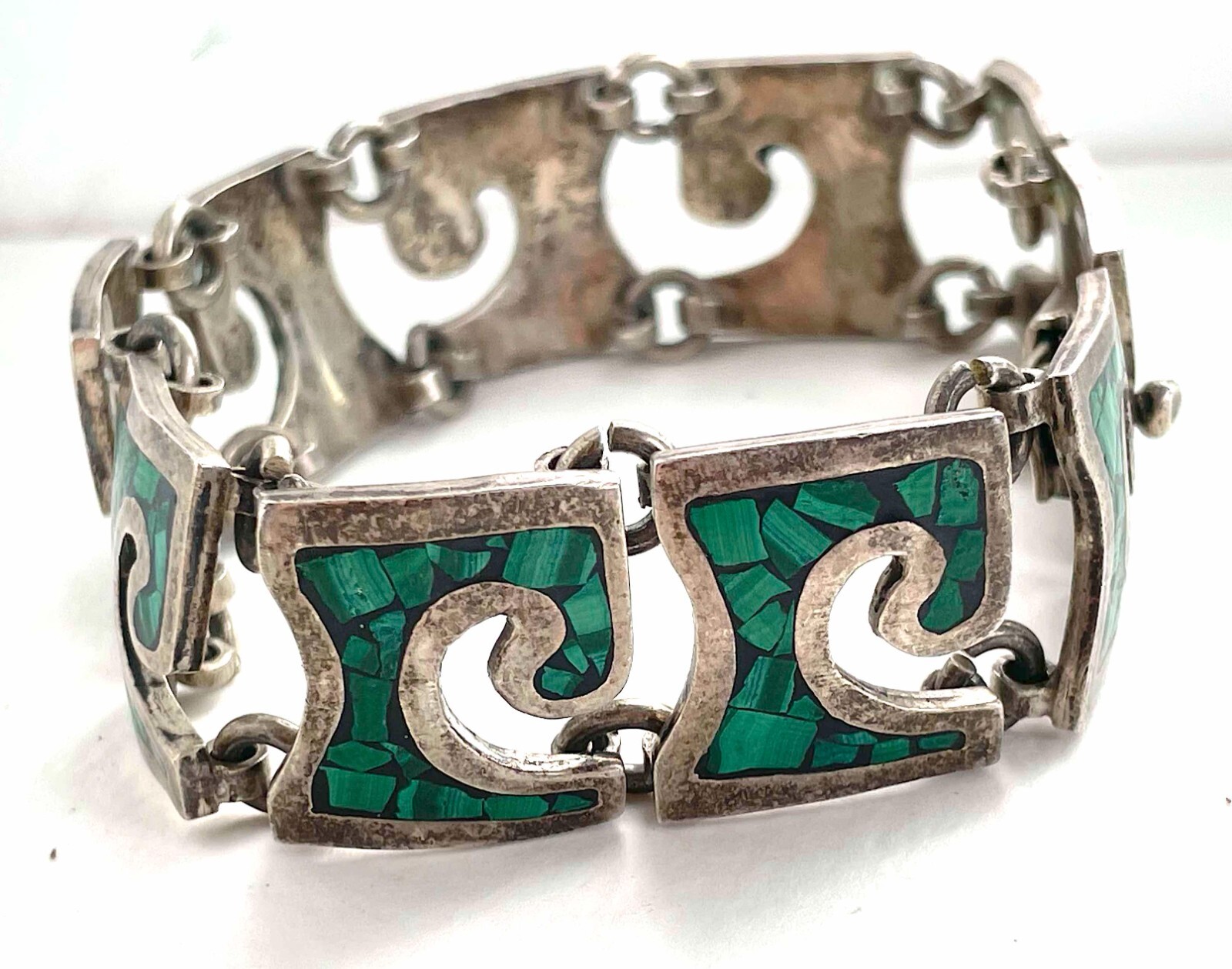 VTG Mexico Bracelet Sterling Malachite Chip Large Wrists 8″ 64g Modernist 1940s