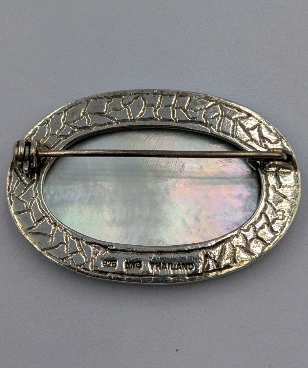 MYG Vintage Sterling Silver Oval Abalone Shell & Marcasite Stone 925 Pin Brooch