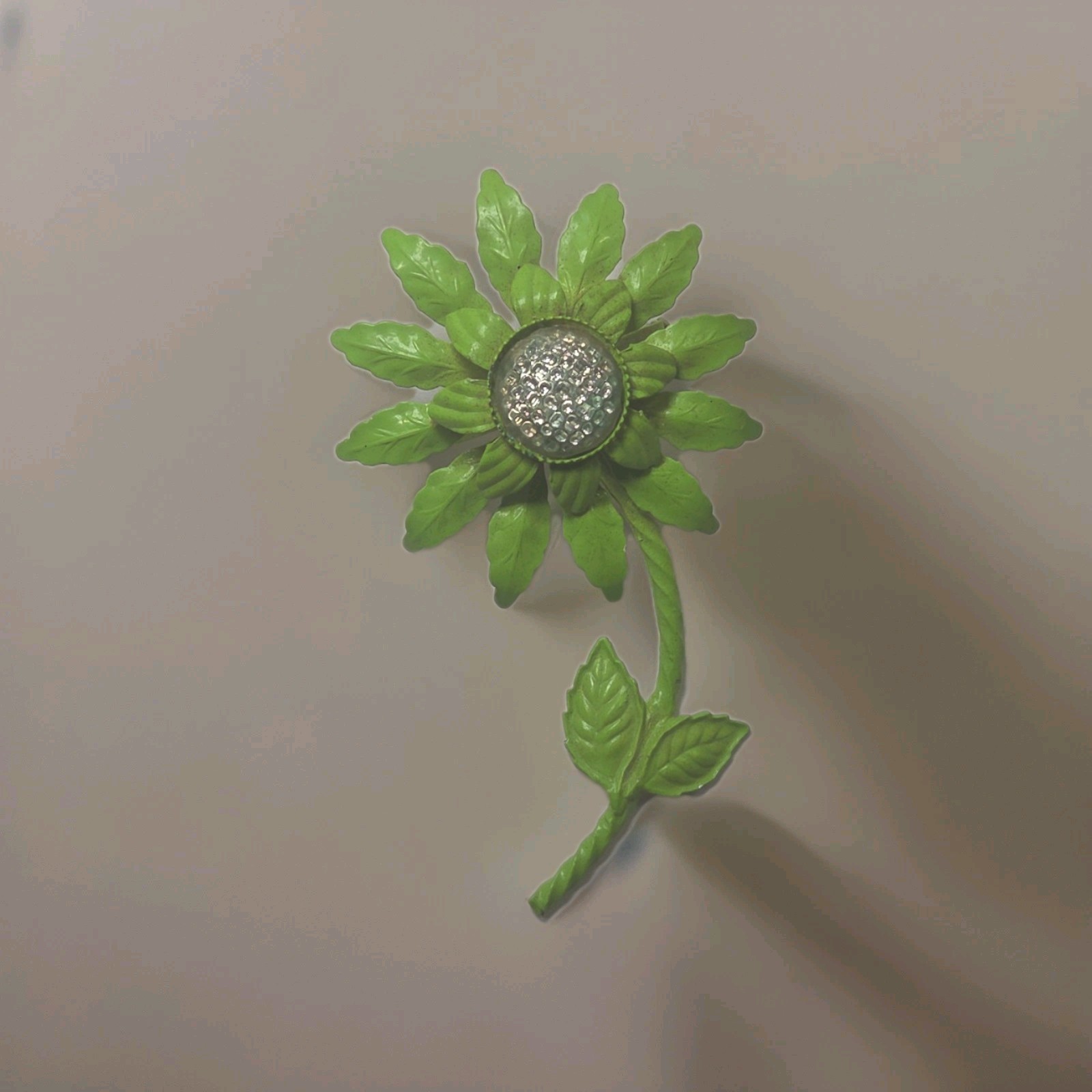 Vintage Lime Green Enamel Flower Pin Brooch with Clear Glass Center