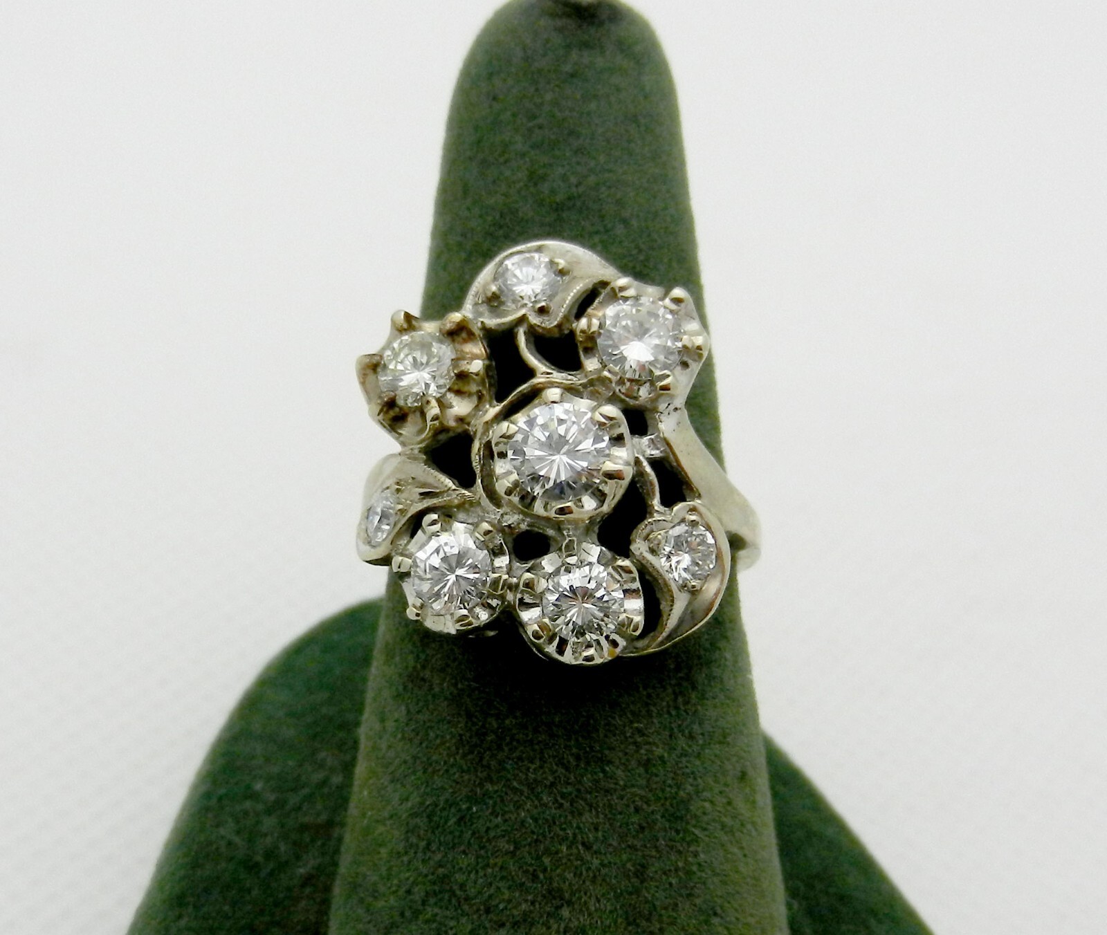 Vintage Art Deco 14k White Gold Cluster Natural Diamonds 1.25 ct Cocktail Ring