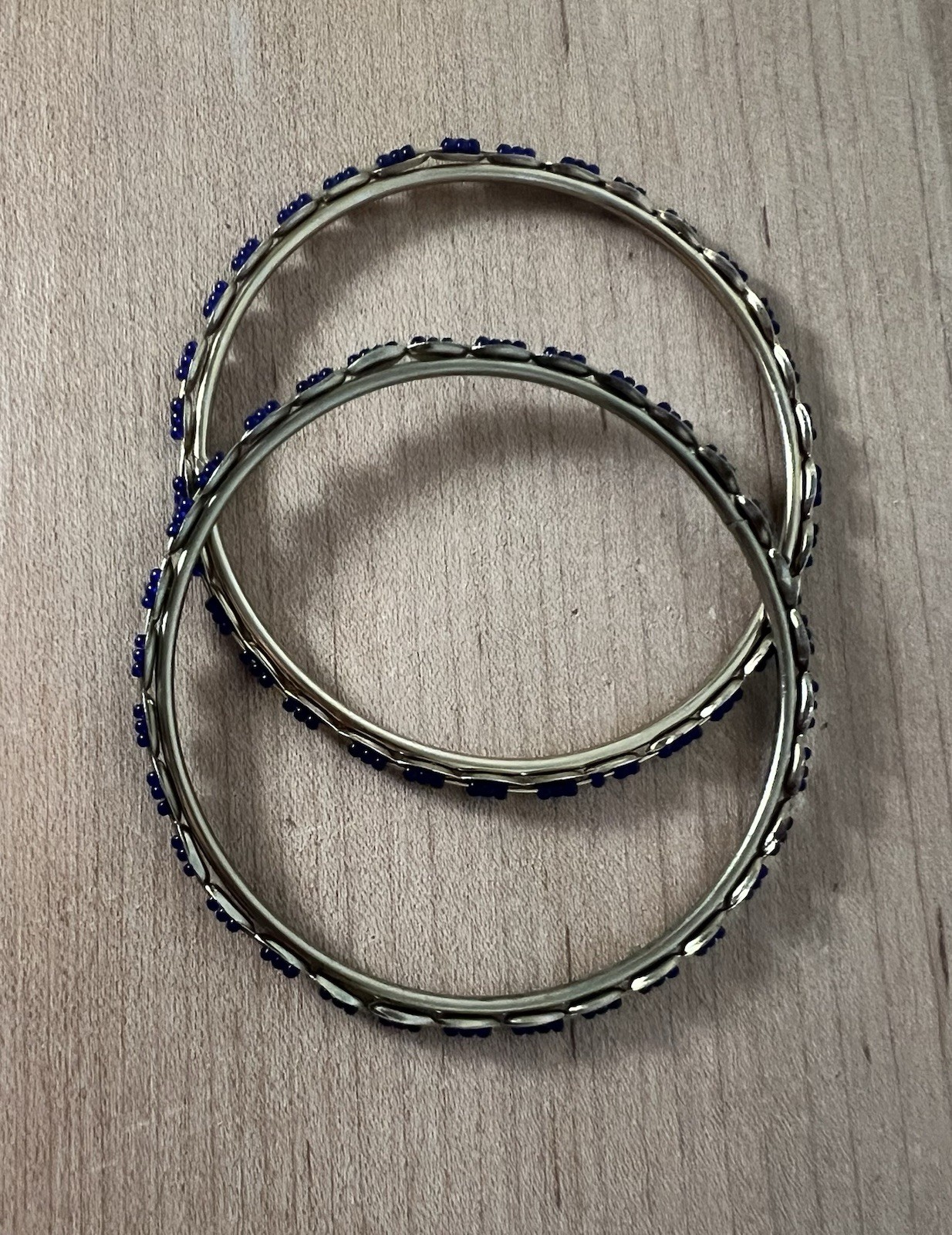 Vintage Blue Trade Bead Bangle Bracelets Brass/Gold-Tone Metal