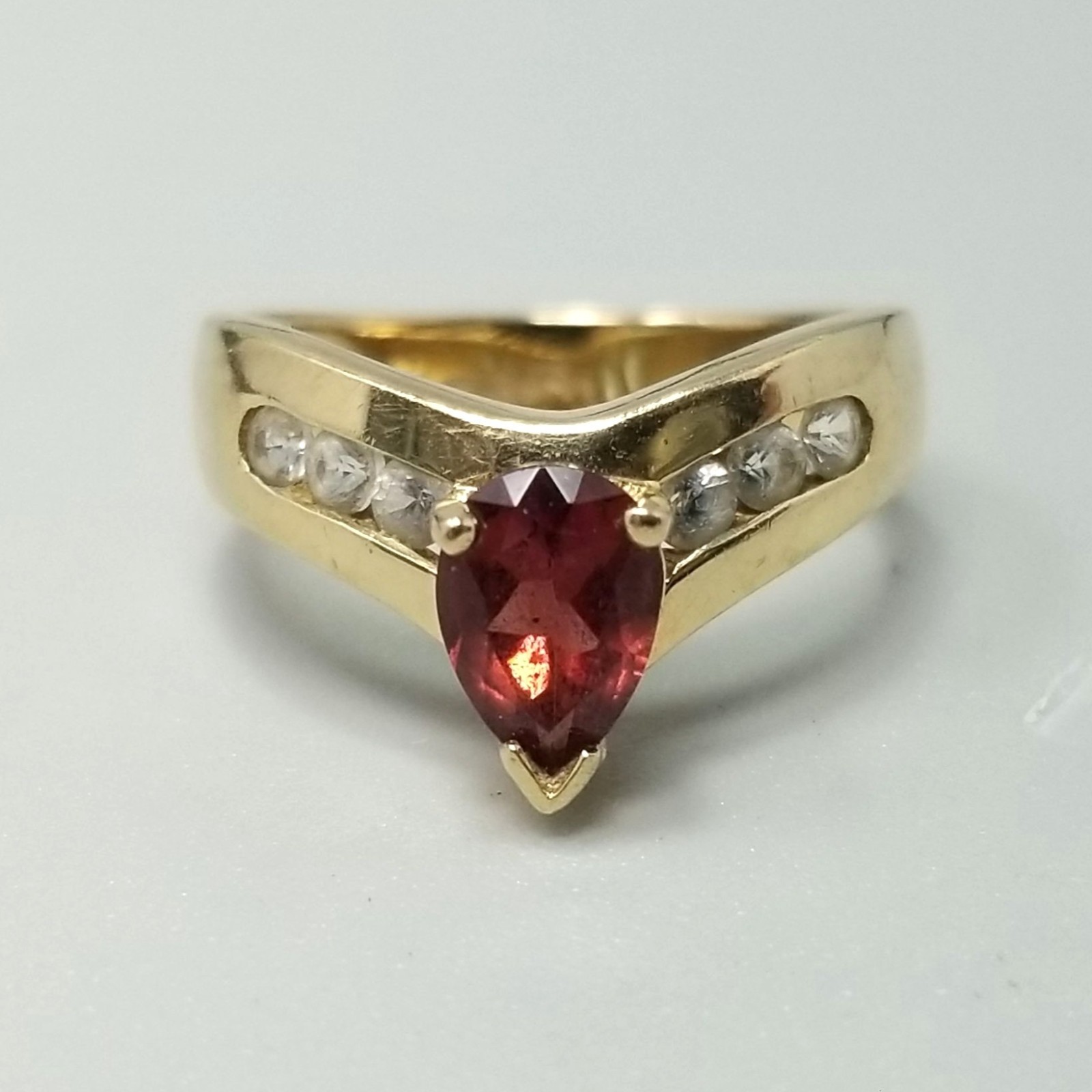Vintage 14k Yellow Gold Red Garnet Ring Size 5 Band Pear Cut January Birthstone