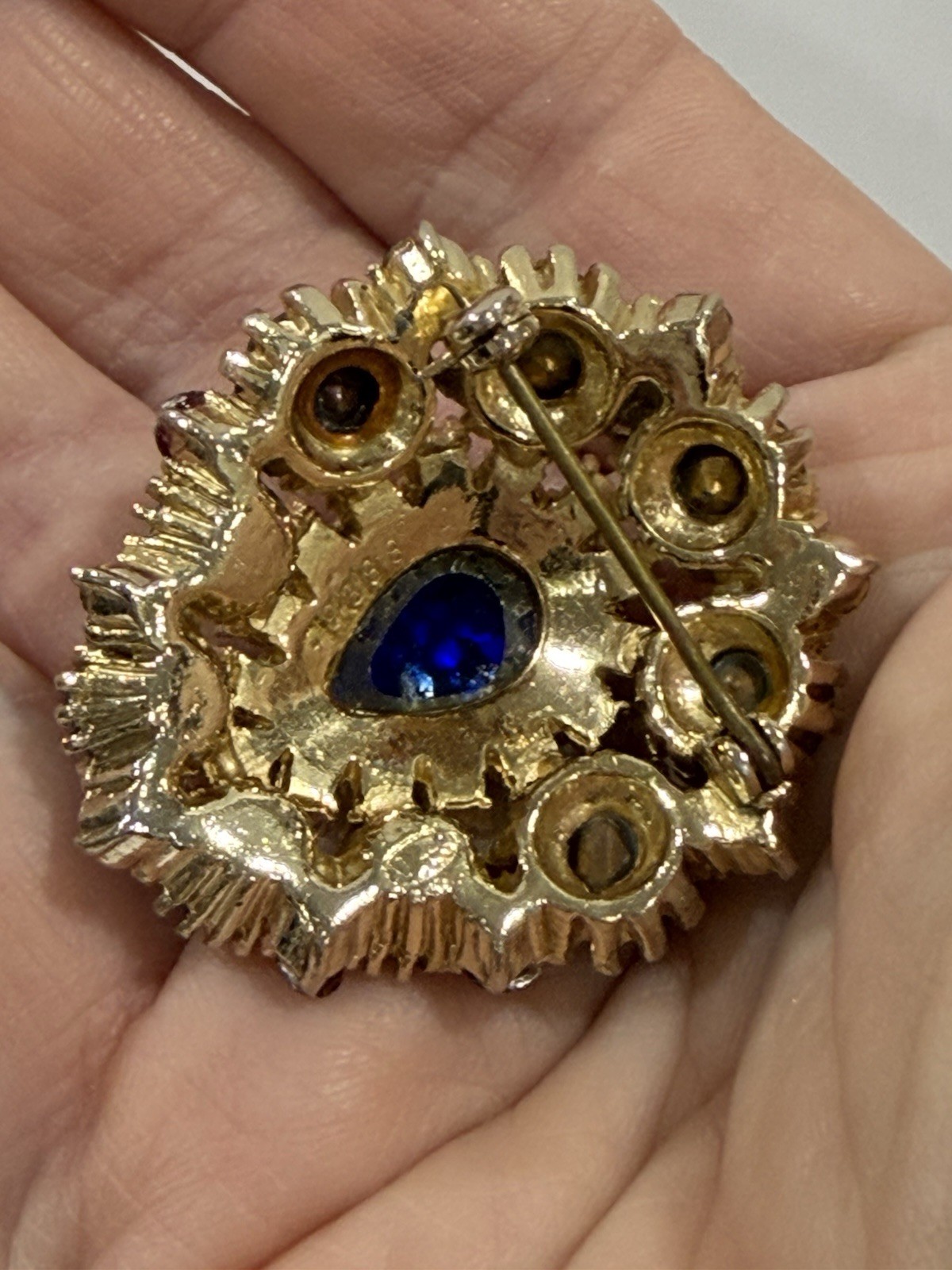 Vintage Brooch Center Teardrop Colbalt Blue AB Rhinestone Ruby Red Accent Stones