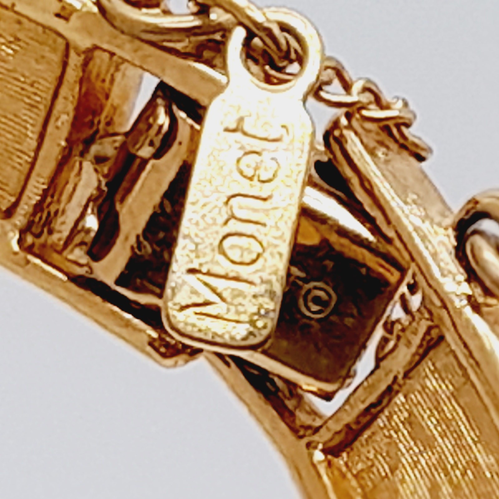 Vintage Monet Gold Tone Panel Bracelet Fold Over Clasp Safety Chain