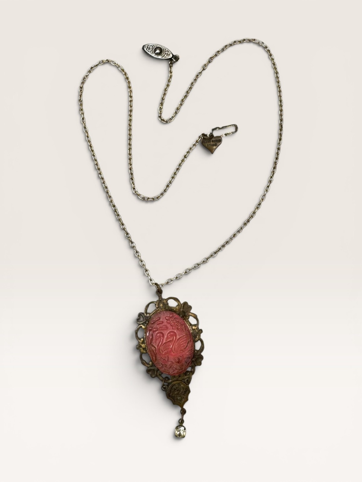 Glass Works Studio Red Swan Pendant Necklace Vintage Gold Brass 1980s
