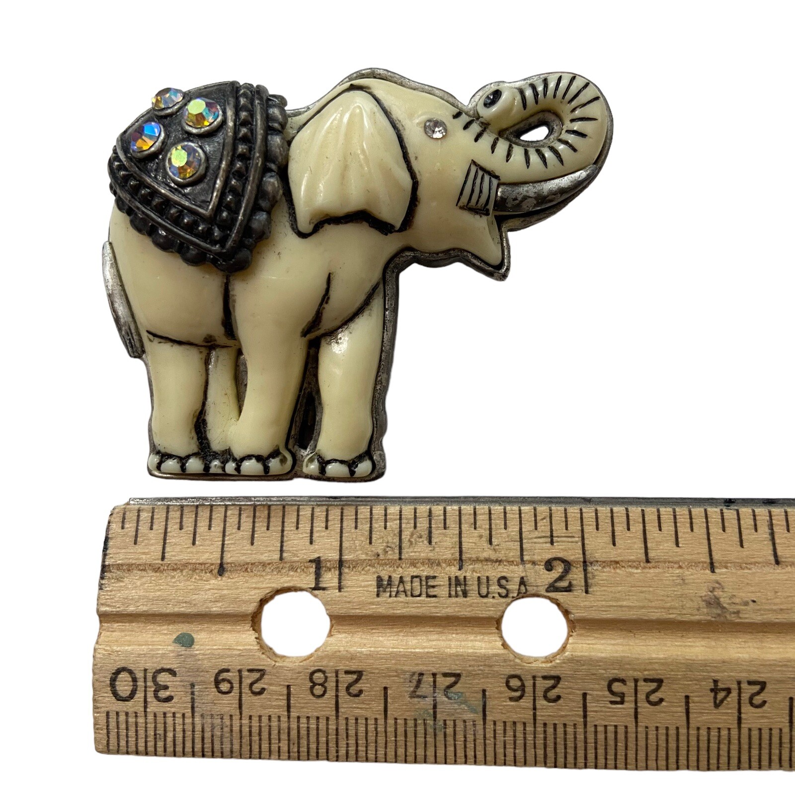 Vintage Large White on Silver Tone with Rhinestones ELEPHANT TRUNK UP Brooch Pin