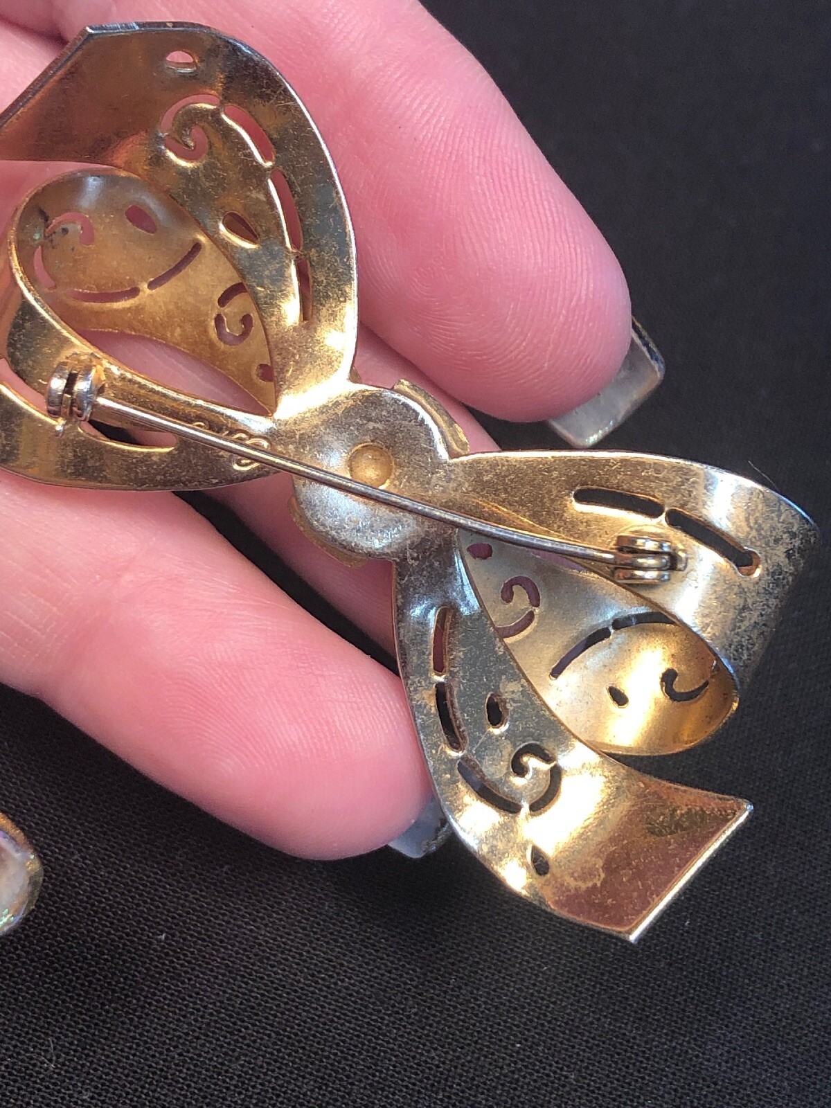 Vintage Signed CORO pin brooch Gold Tone Open Work Bow 2 3/8 X 1 1/4 Inches