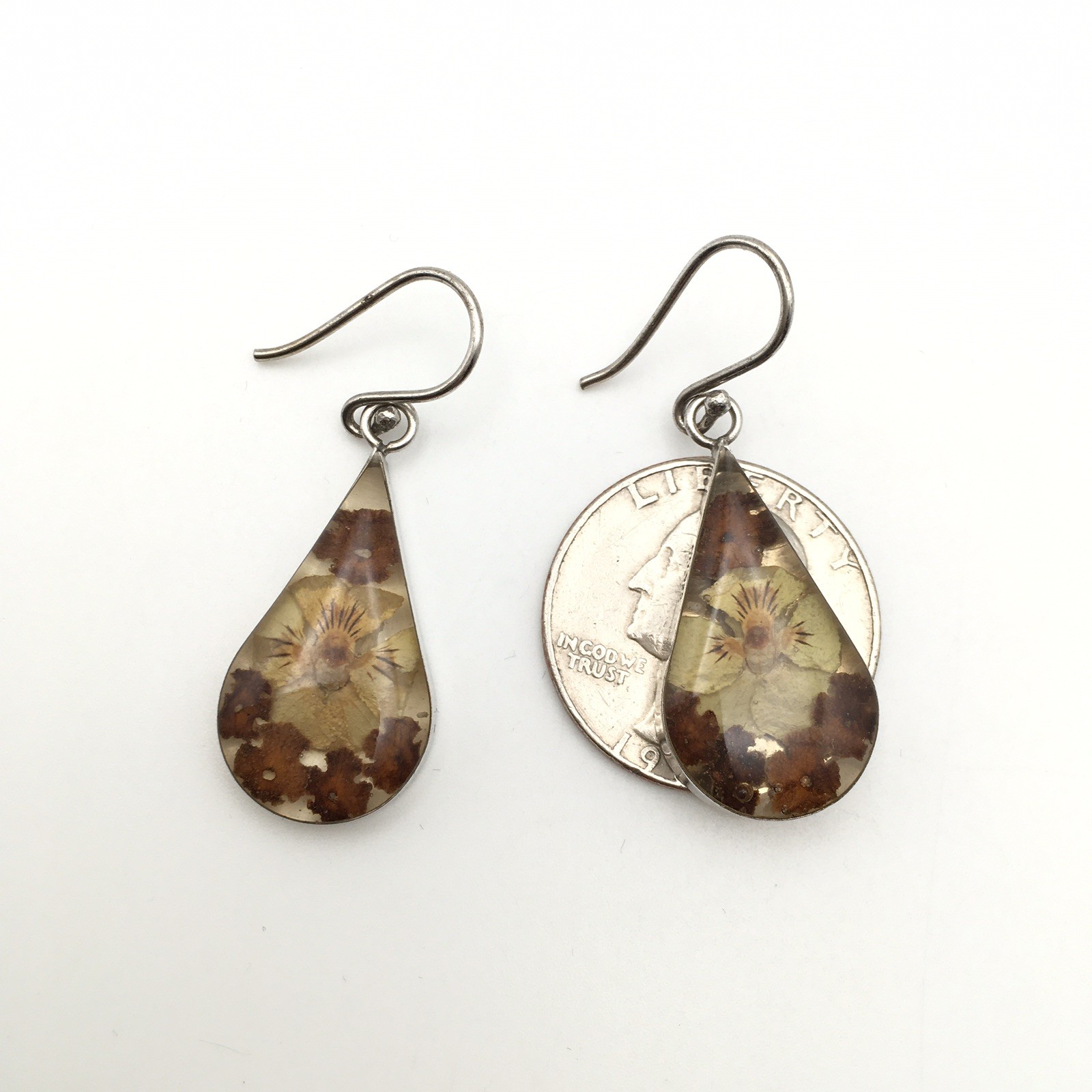 Sterling Silver ATI Dried Flower Resin Teardrop Dangle Earrings 925 Mex 4.5g #61