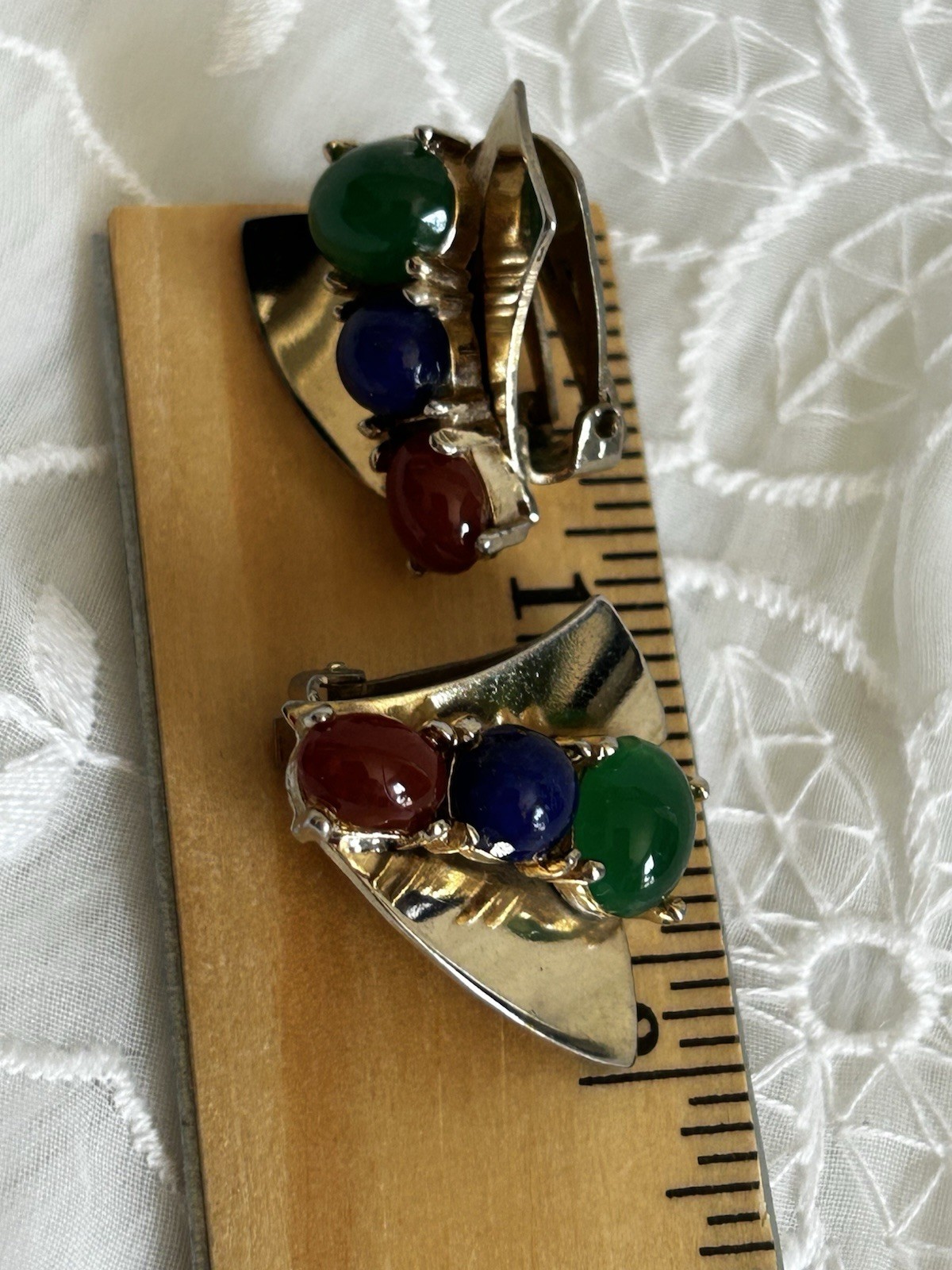 Vintage Multi Cabochon Clip Earrings Green Blue Red Fan Shield Gold Tone