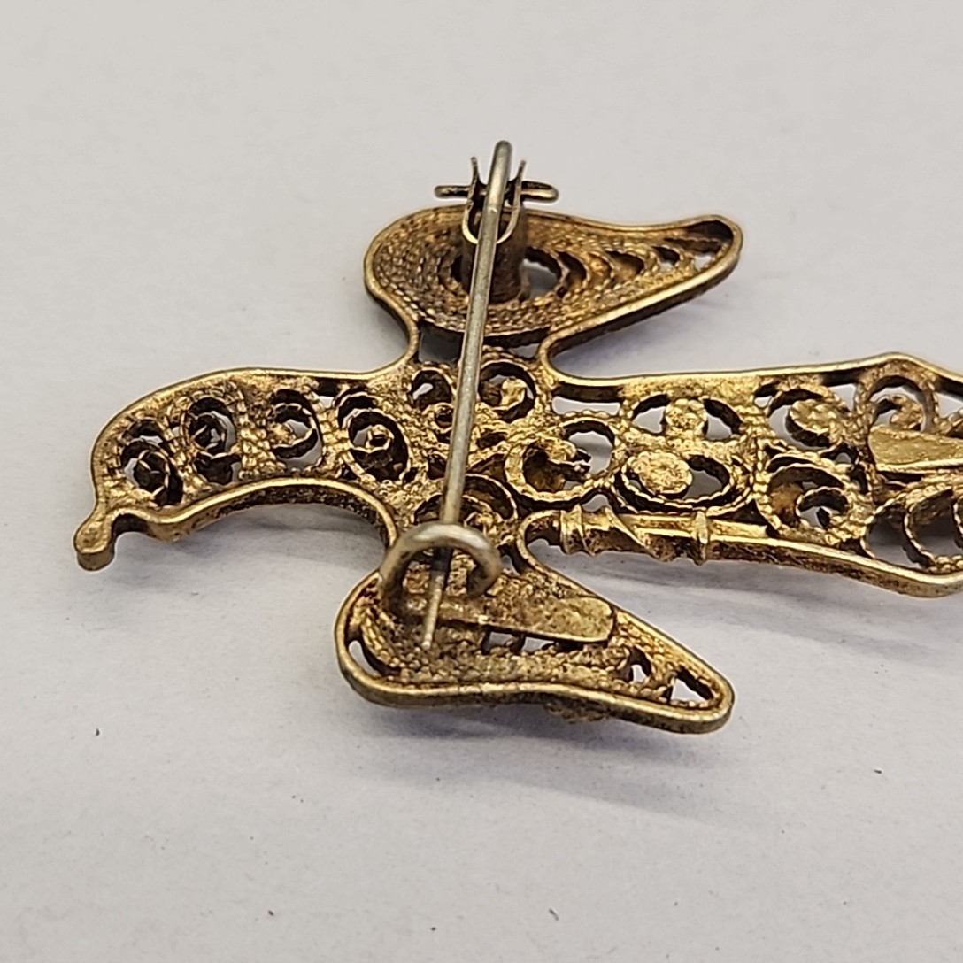 Vintage Eagle Brooch Gold Filled Filigree Tassel C Clasp Artisan Antique 3.5″