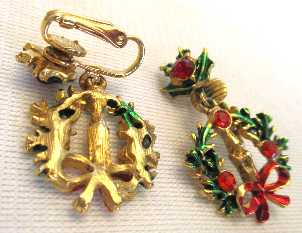 Vtg Enamel & Red Rhinestone BROOCH Christmas Tree & RS Clip EARRINGS