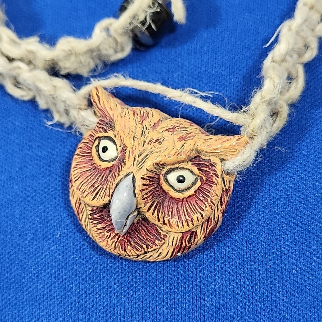 Vintage Y2K Hemp Necklace Owl Themed Beaded Boho Grunge