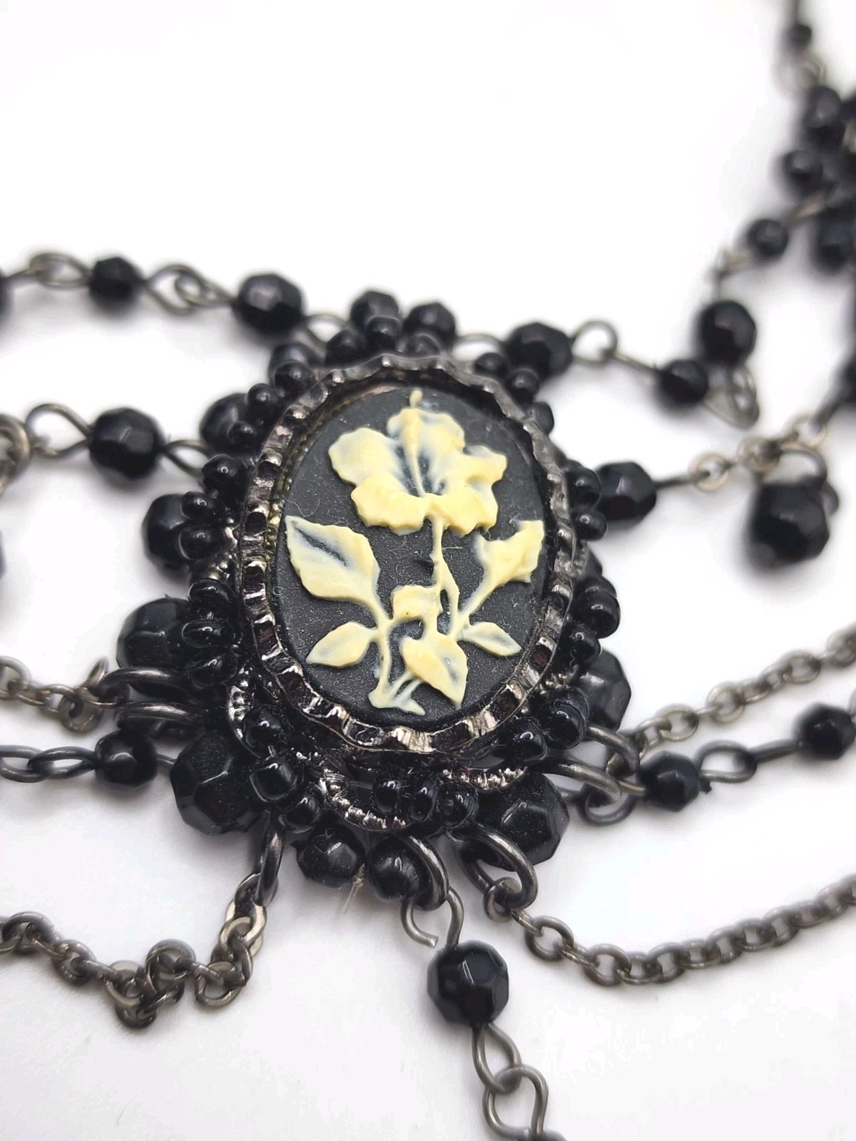 Vintage Victorian Gothic Black Beaded Choker Statement Necklace Cameo Bib Collar