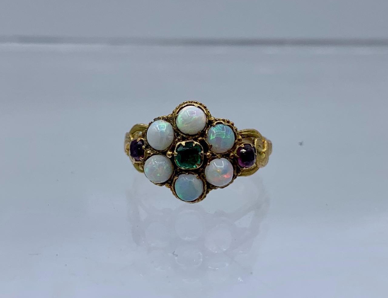 Victorian Opal Emerald Ruby Ring Antique Wedding Engagement Ring 14 Karat Gold