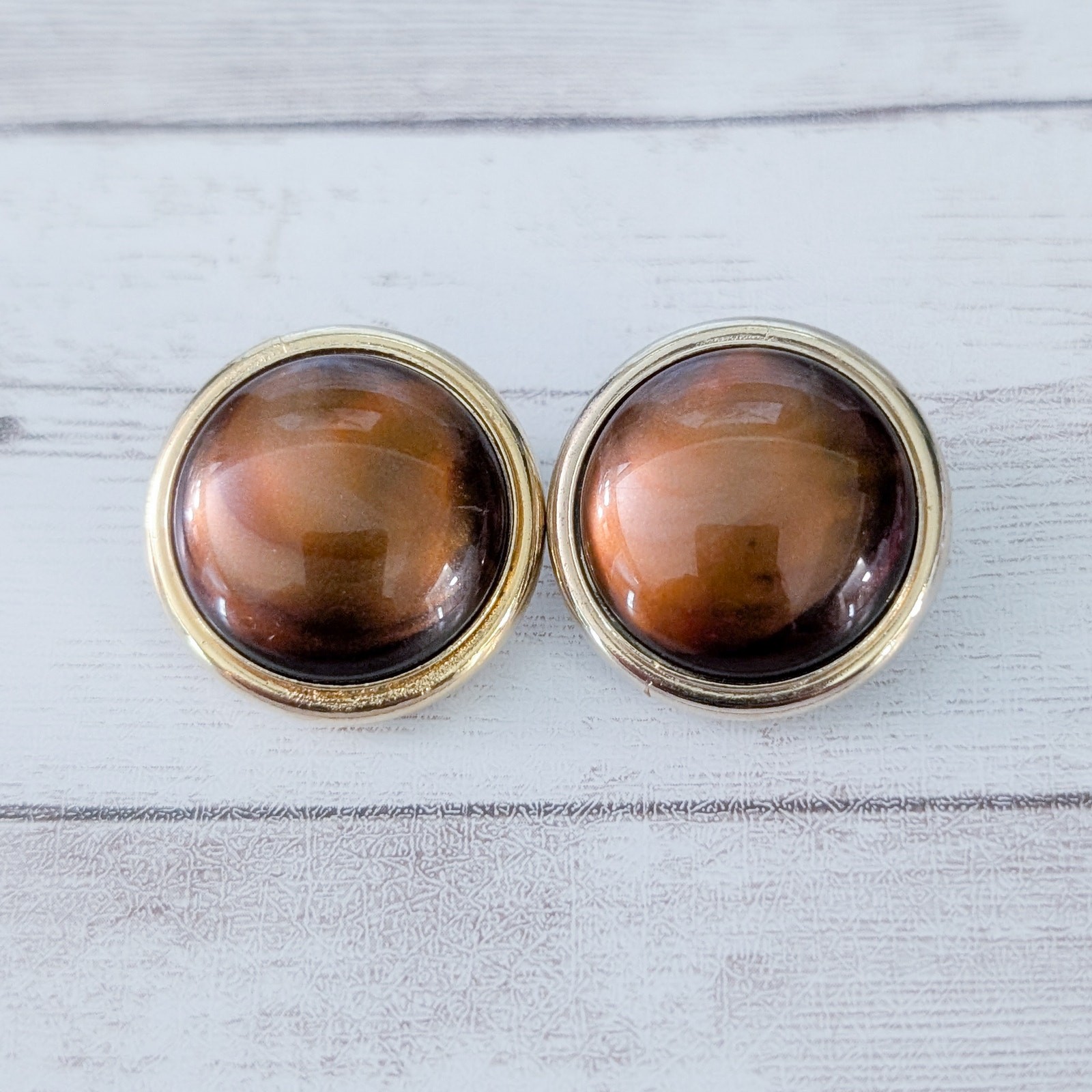 Vintage Clip On Earrings Large Shiny Brown with Gold Tone Halo 1 & 1/8″