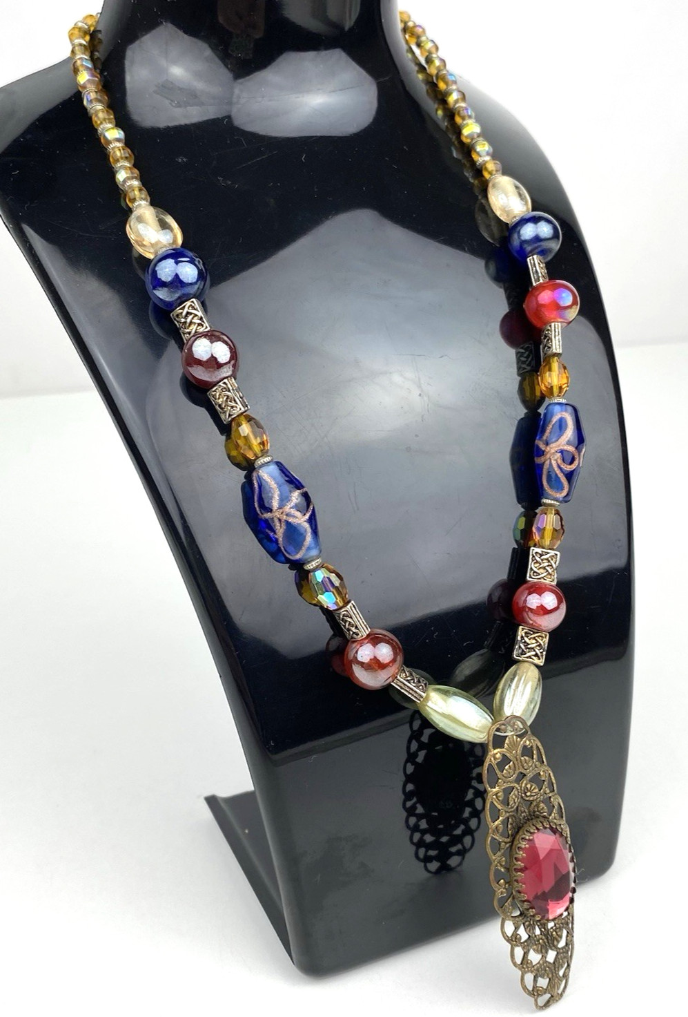 VTG Iridescent AB Carnival Glass Necklace Art Beaded Red Gold Filigree Blue EUC