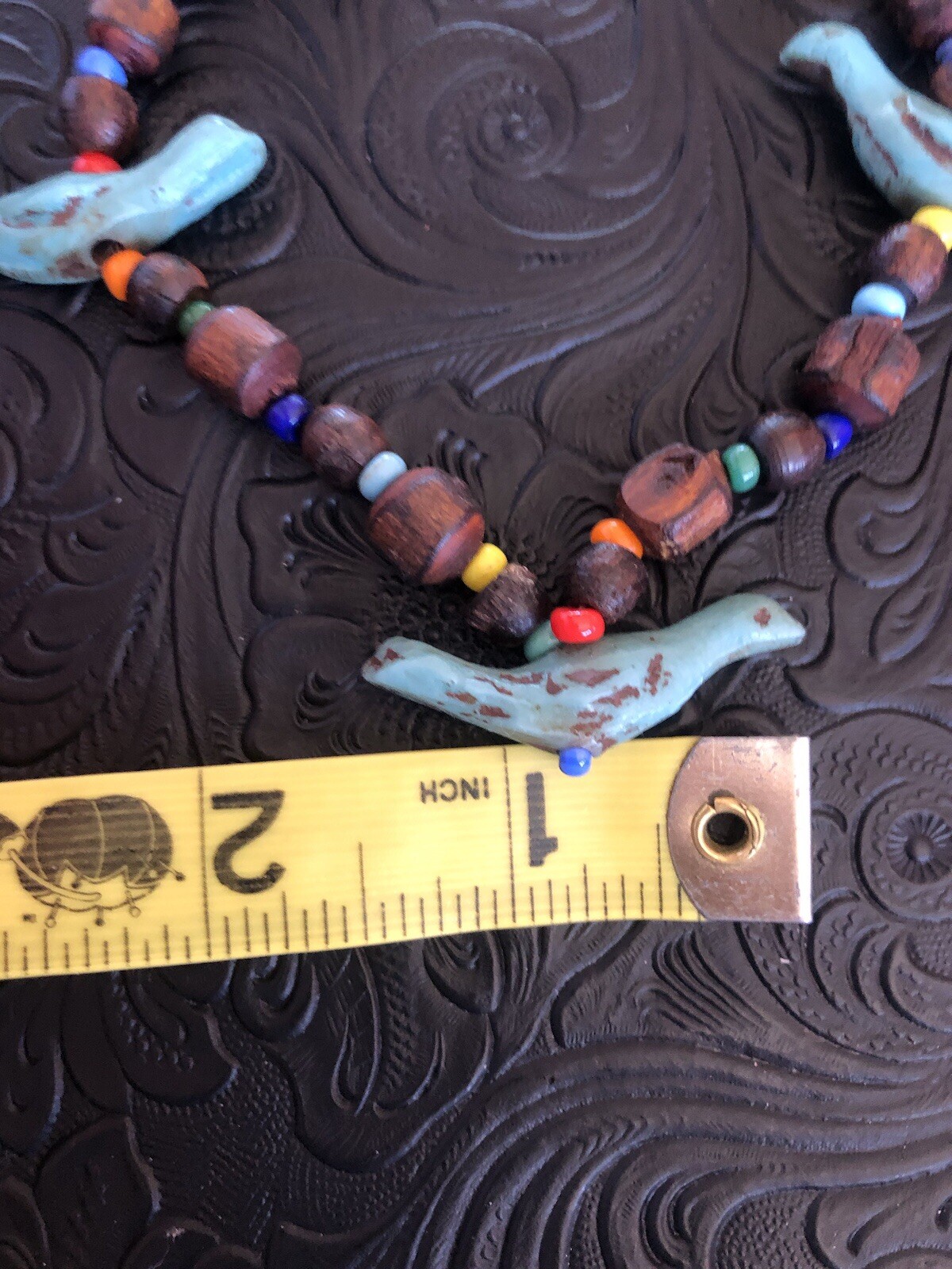 Vintage 1960s Blue Bird Fetish Necklace, Leather Wood Plastic Route 66 Souvenir