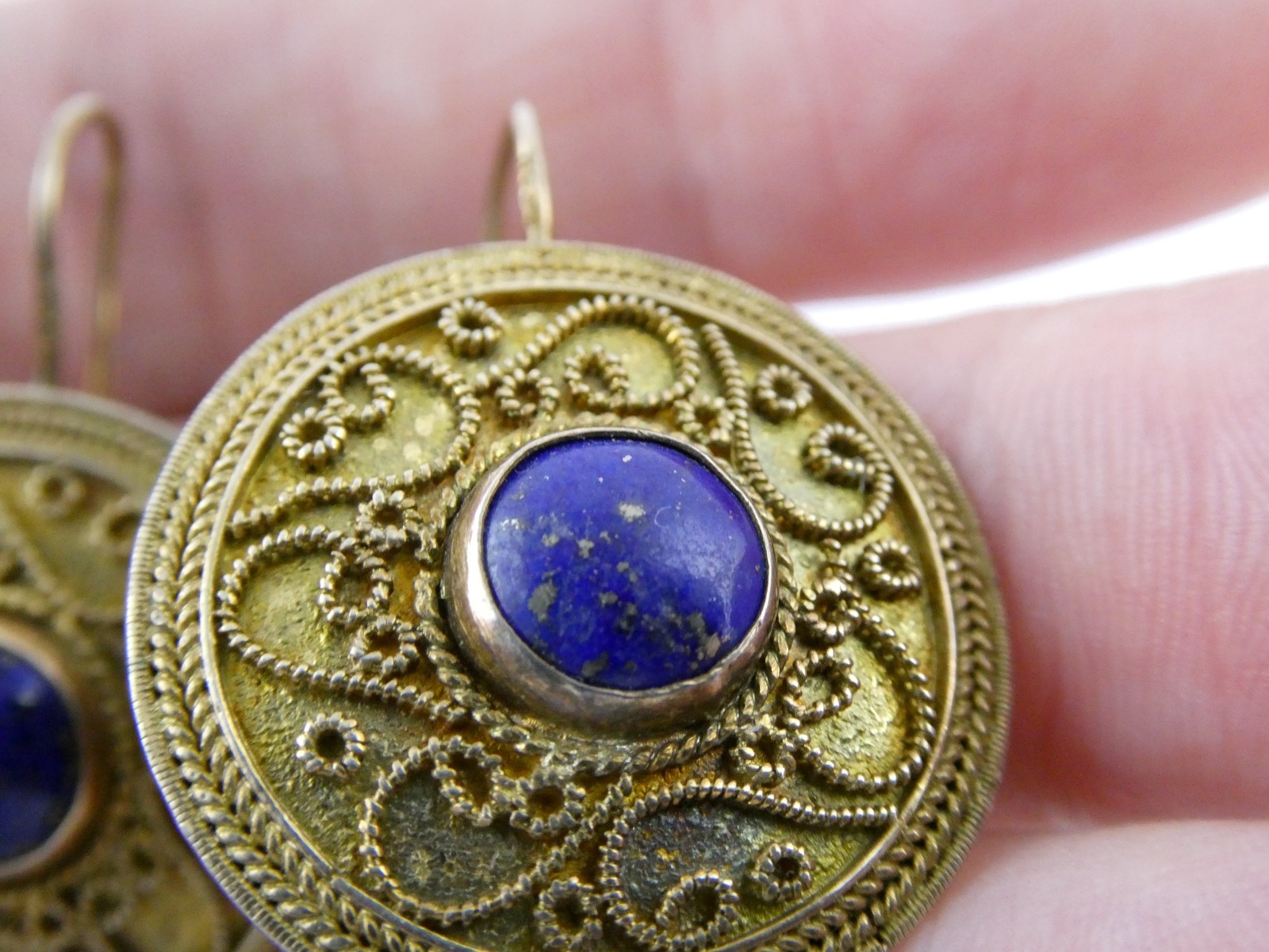 Vintage Gilt Sterling Silver Scroll Motif Lapis Lazuli Hook Earrings 7.3g 1.25In