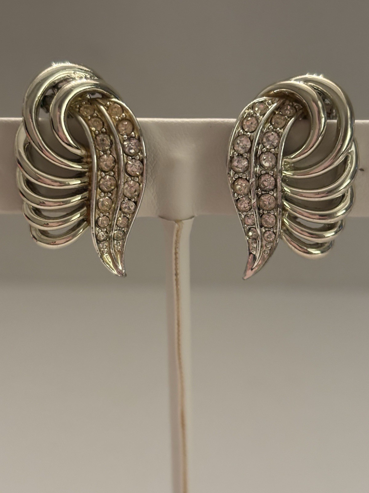 Vintage Signed Marboux Rhinestone Clip On Earrings Silver Tone Swirl Ribbon