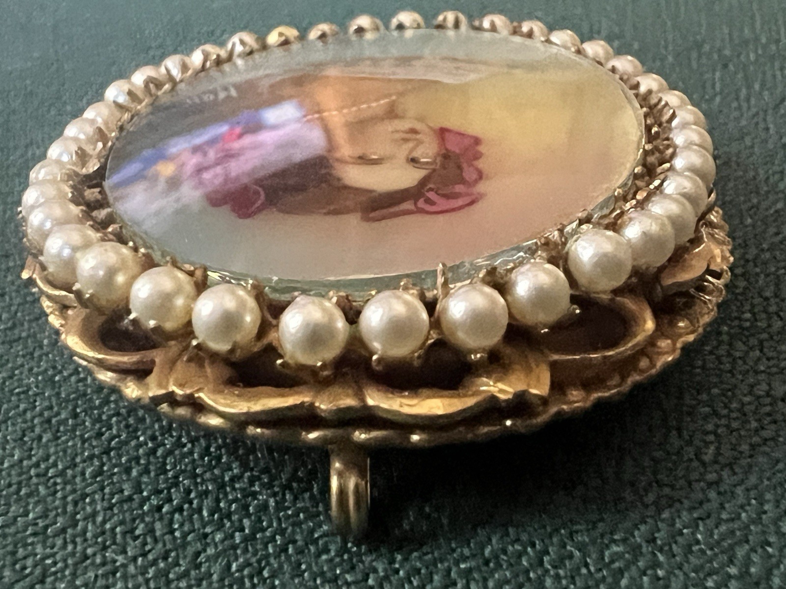ORIGINAL BY ROBERT SIGNED HAND PAINTED PORTRAIT BROOCH FAUX PEARLS FRAMED SIGNED